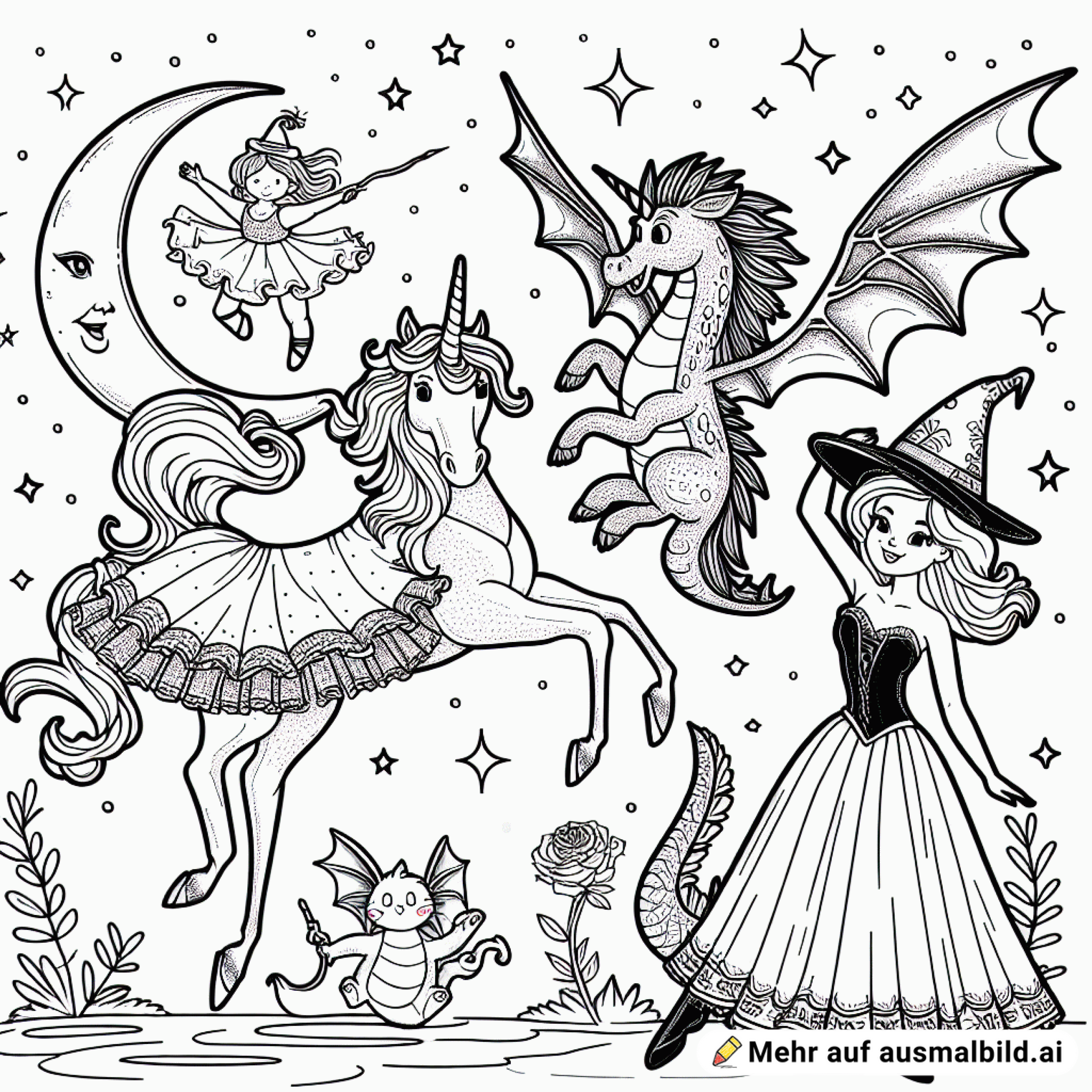 Eine Ballerina, ein Einhorn, ein Drachen und eine weibliche Hexe, die ähnlich wie Bibi Bocksberg ausseieht fliegen vor dem Mond. Bitte wenig Details, wenig zu malen.