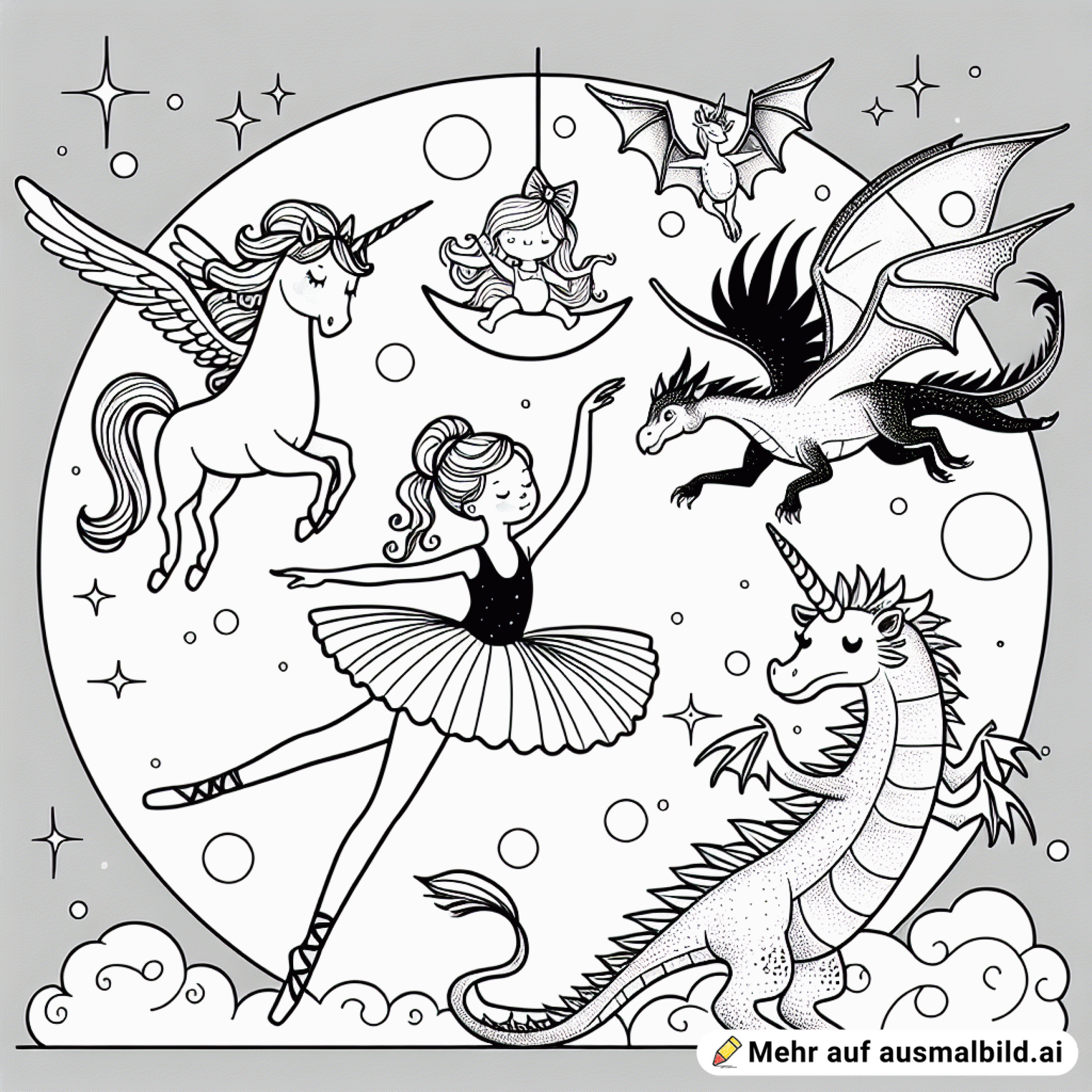 Eine Ballerina, ein Einhorn, ein Drachen und eine weibliche Hexe, die ähnlich wie Bibi Bocksberg aussieht fliegen vor dem Mond. Wenig Details!