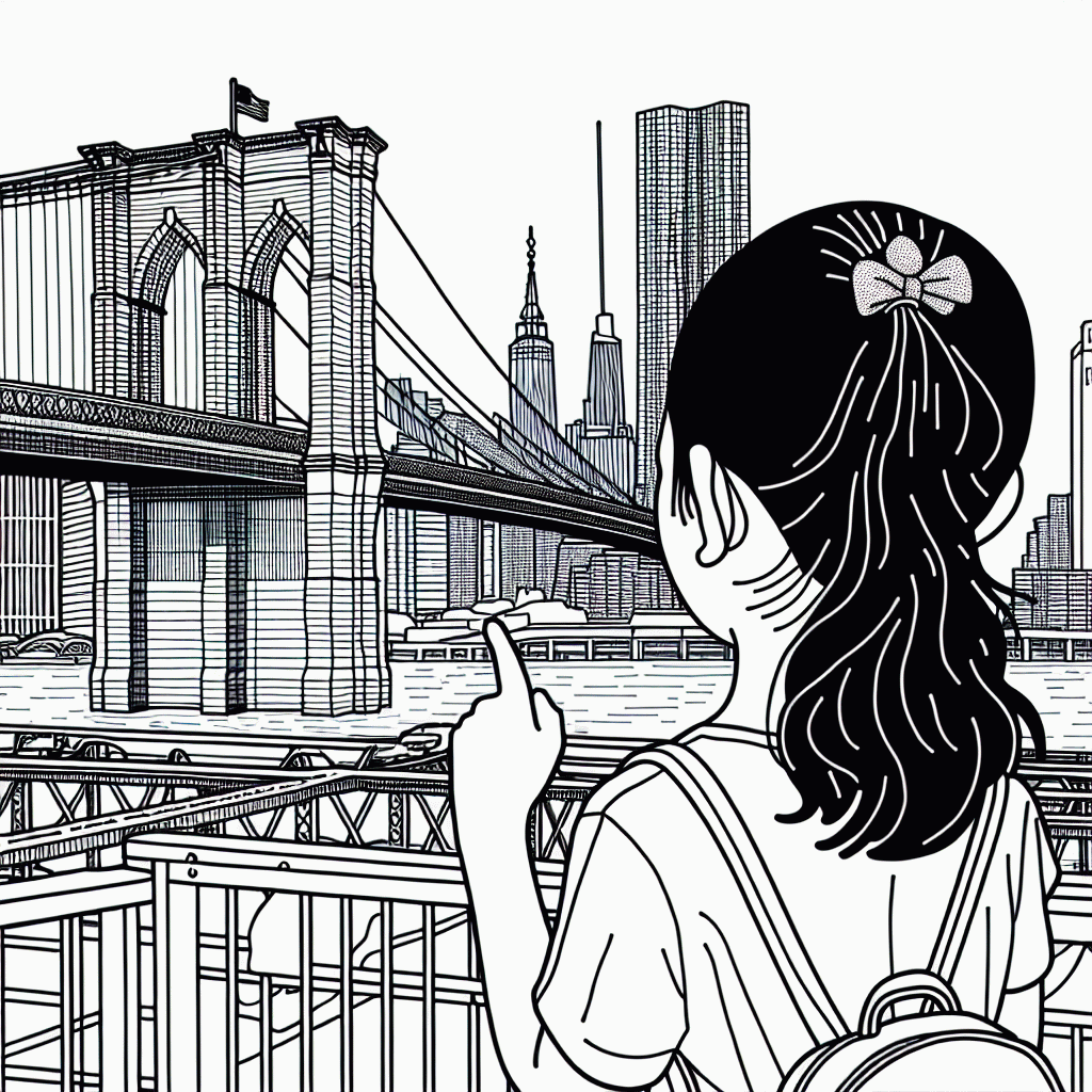 Brooklyn Bridge Malvorlage mit Mädchen – kostenlos ausdrucken