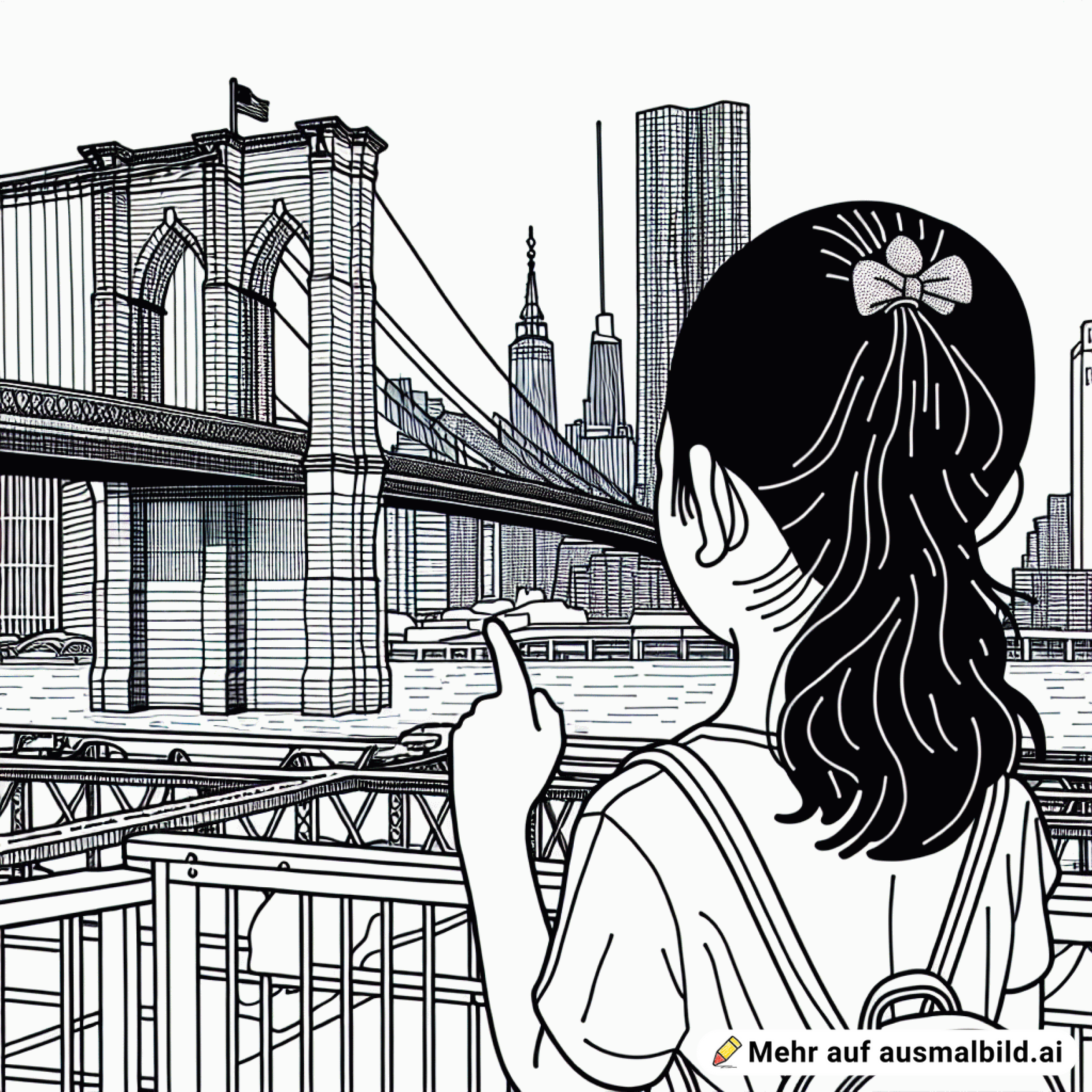 Brooklyn-Bridge, groß dargestellt mit 9jährigem Mädchen von hinten, das auf die Brücke zeigt