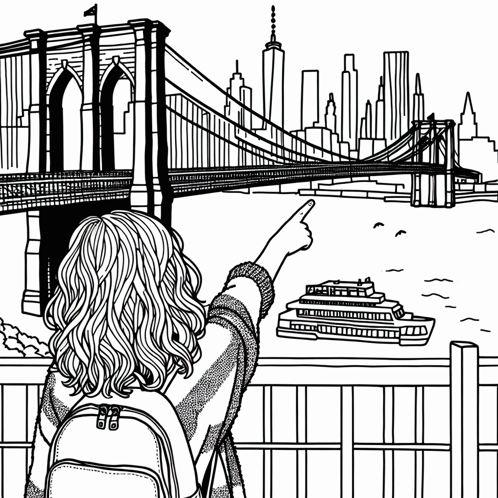 Kostenlose Brooklyn Bridge Malvorlage mit Mädchen zum Ausdrucken