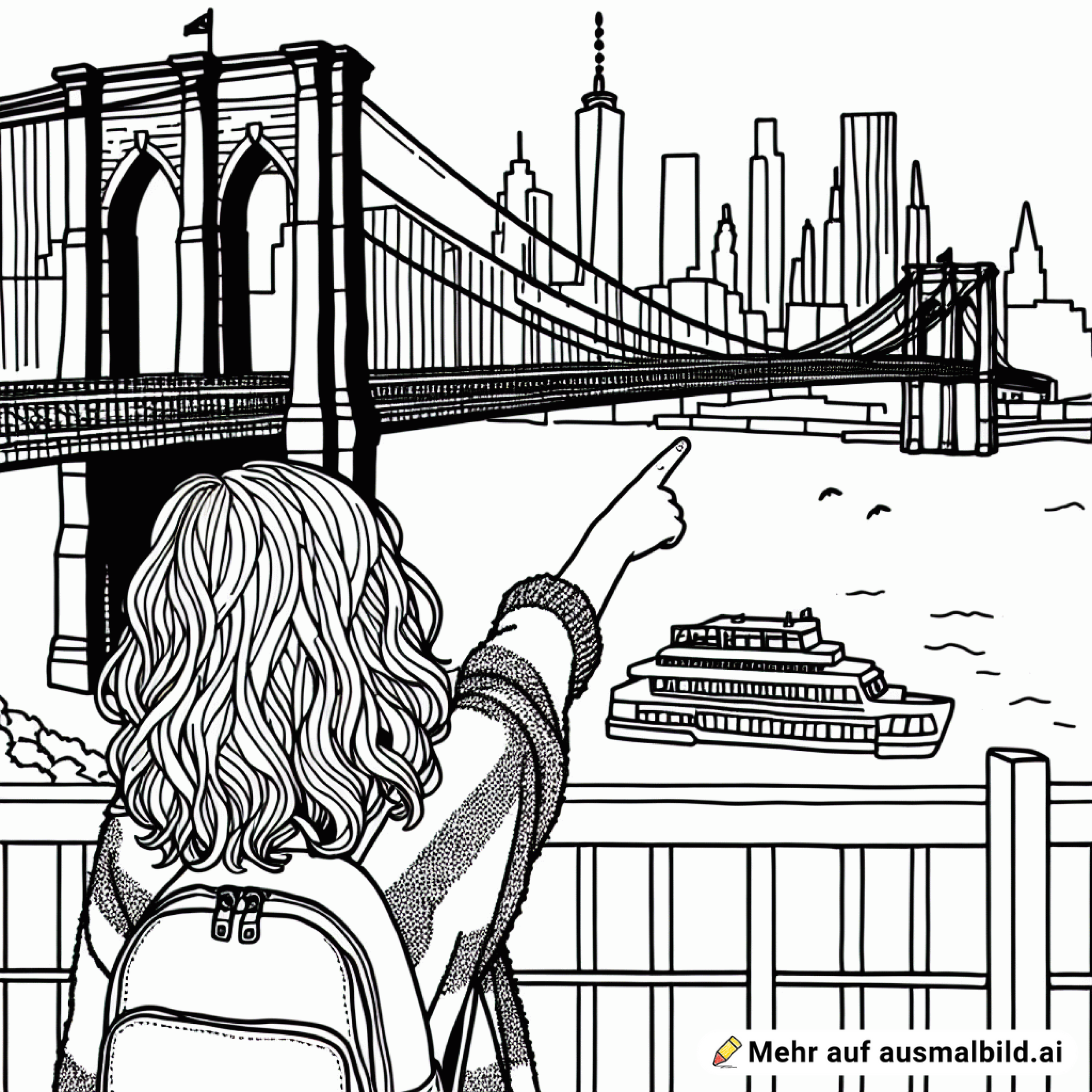 Brooklyn-Bridge, groß dargestellt mit blondem, 9jährigem Mädchen von hinten, das auf die Brücke zeigt