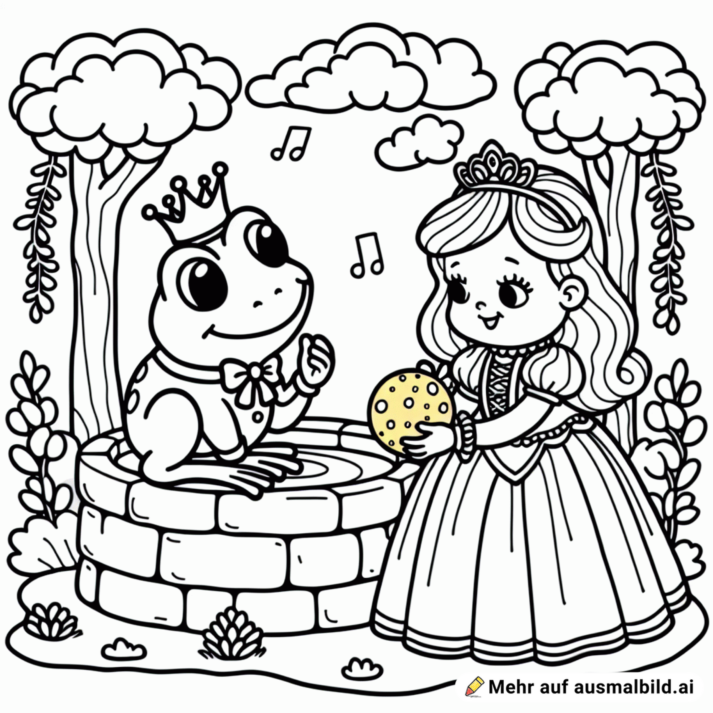 froschkönig sitzt auf dem brunnen und spricht mit der prinzessin die die goldenen kugel hält