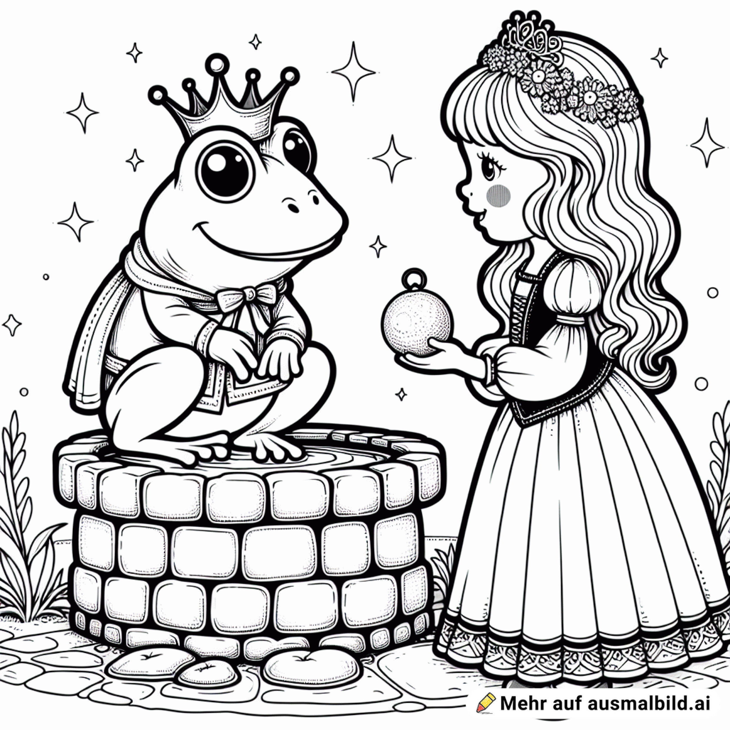 froschkönig sitzt auf dem brunnen und spricht mit der prinzessin die die goldenen kugel hält, weniger details