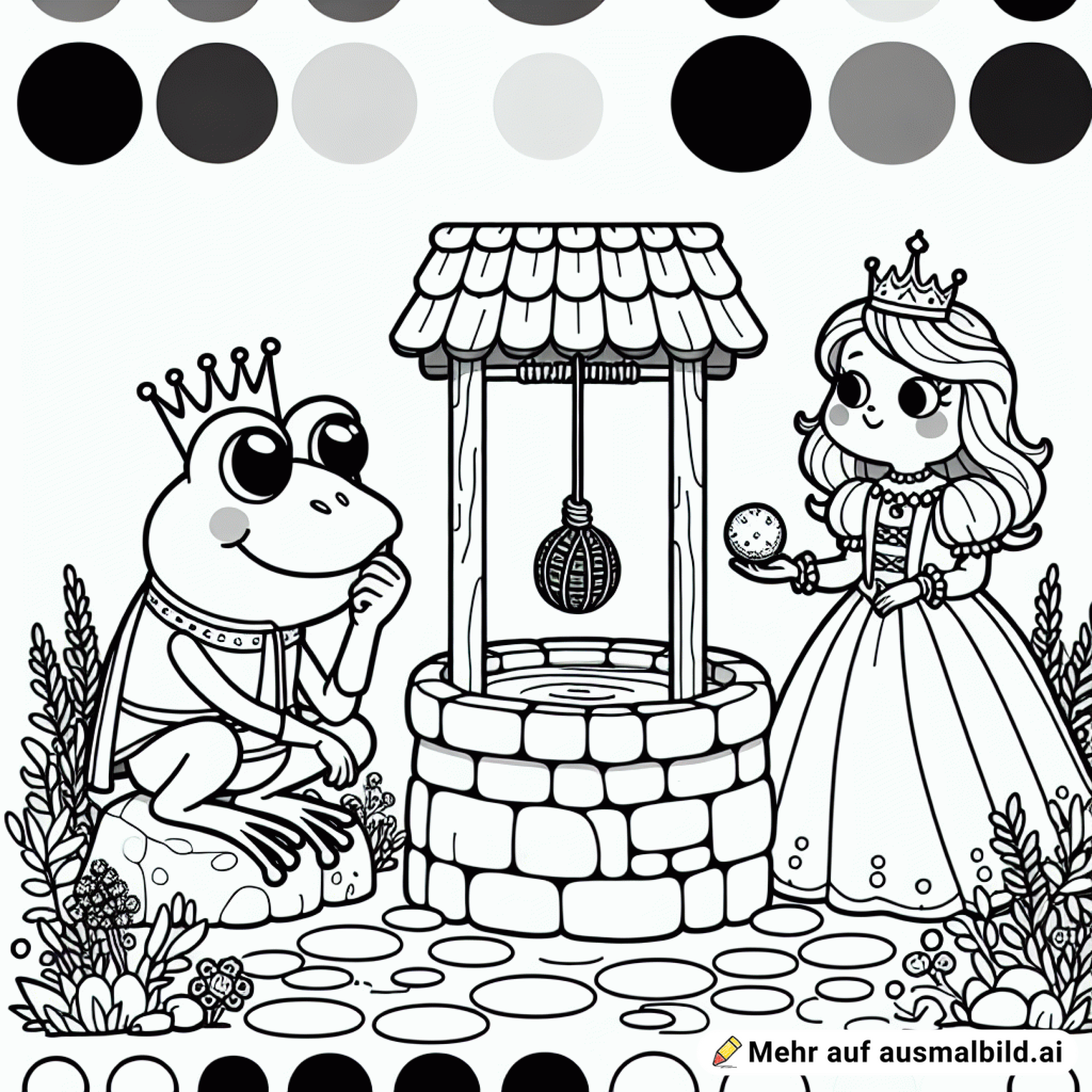 froschkönig sitzt neben dem brunnen und spricht mit der prinzessin die die goldenen kugel hält, weniger details