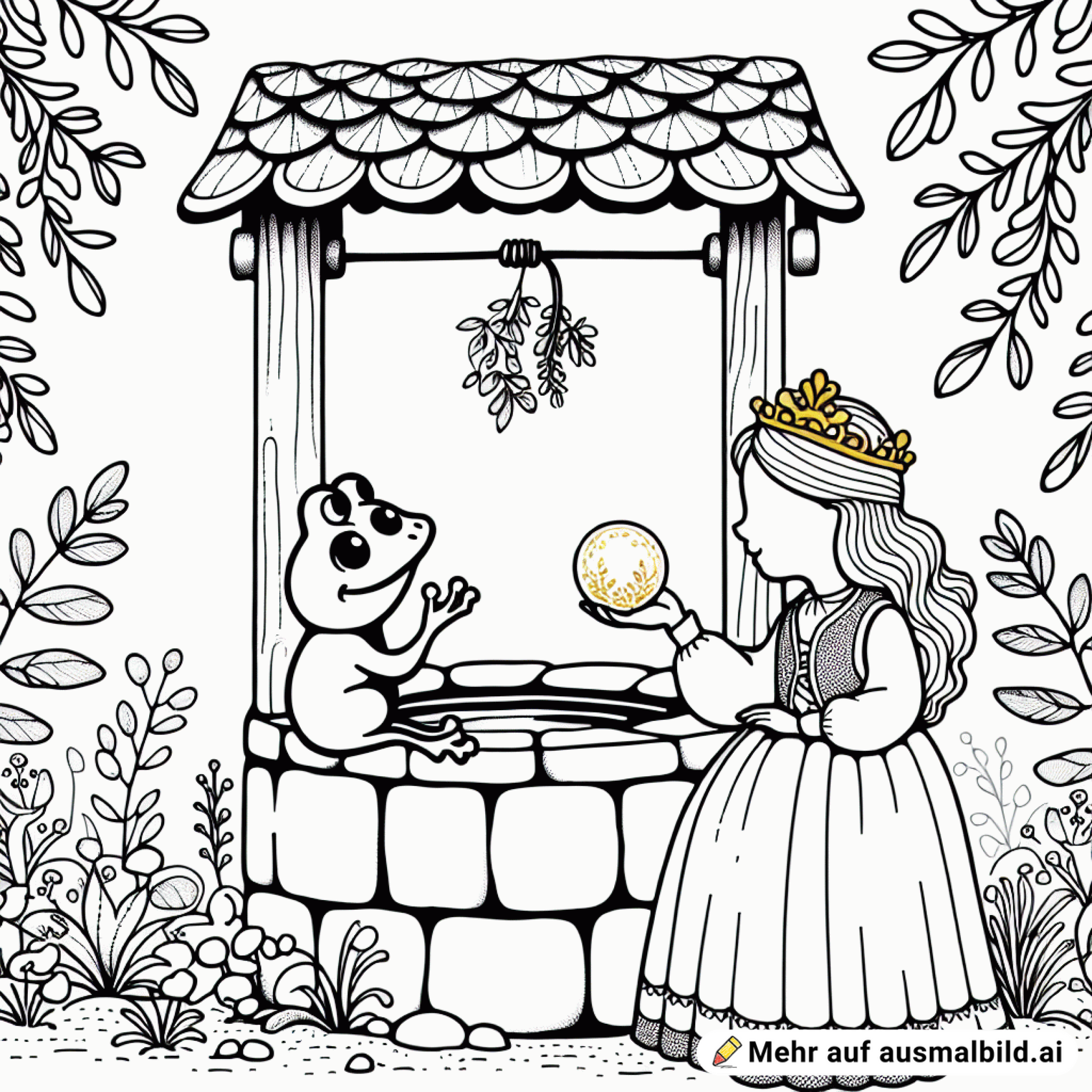 kleiner froschkönig sitzt neben dem brunnen und spricht mit der prinzessin die die goldenen kugel hält, weniger details