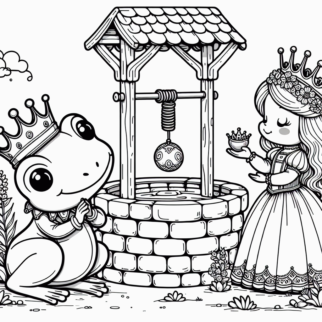 Froschkönig Malvorlage kostenlos ausdrucken – Prinzessin & Brunnen