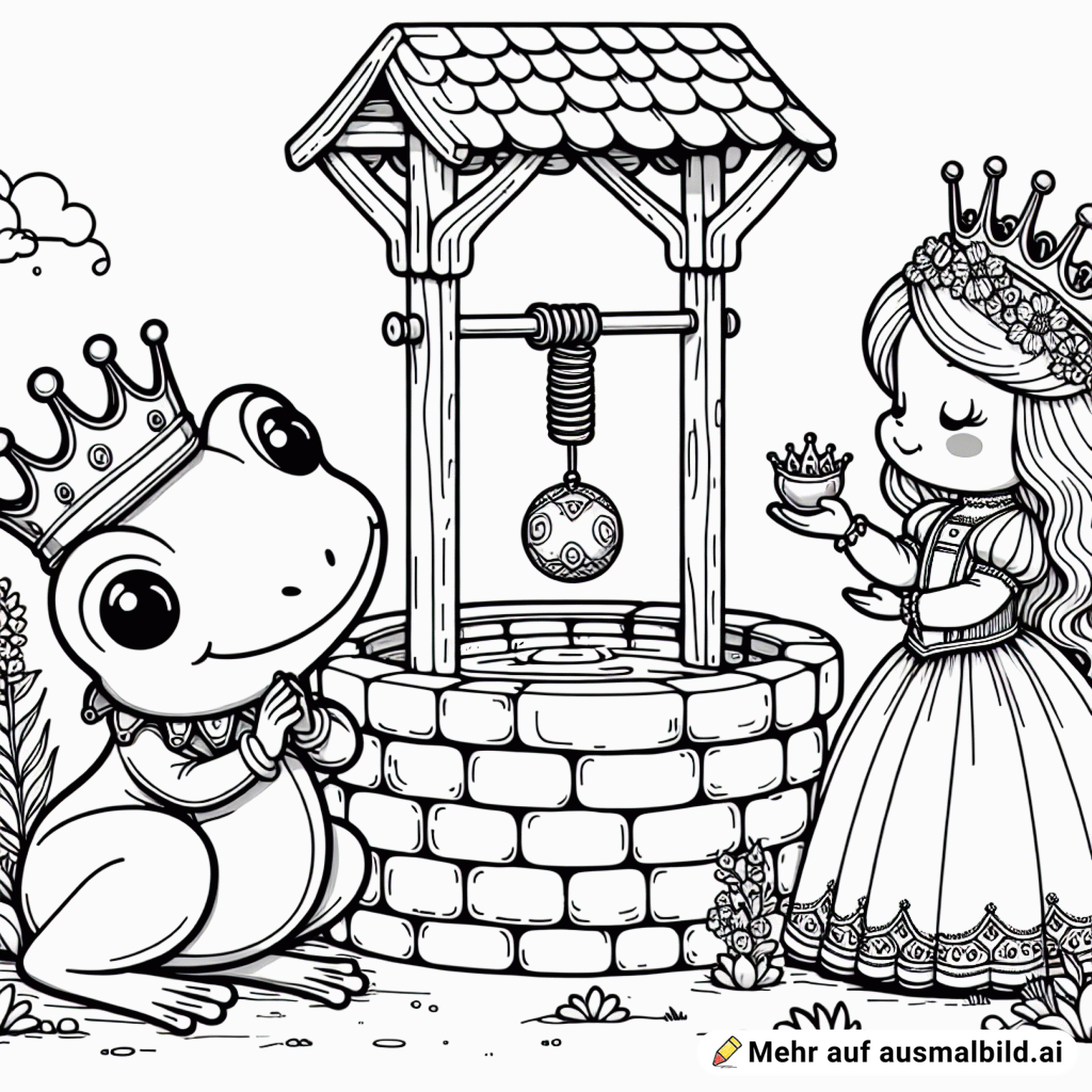 froschkönig klein spricht mit prinzessin, brunnen, goldene kugel