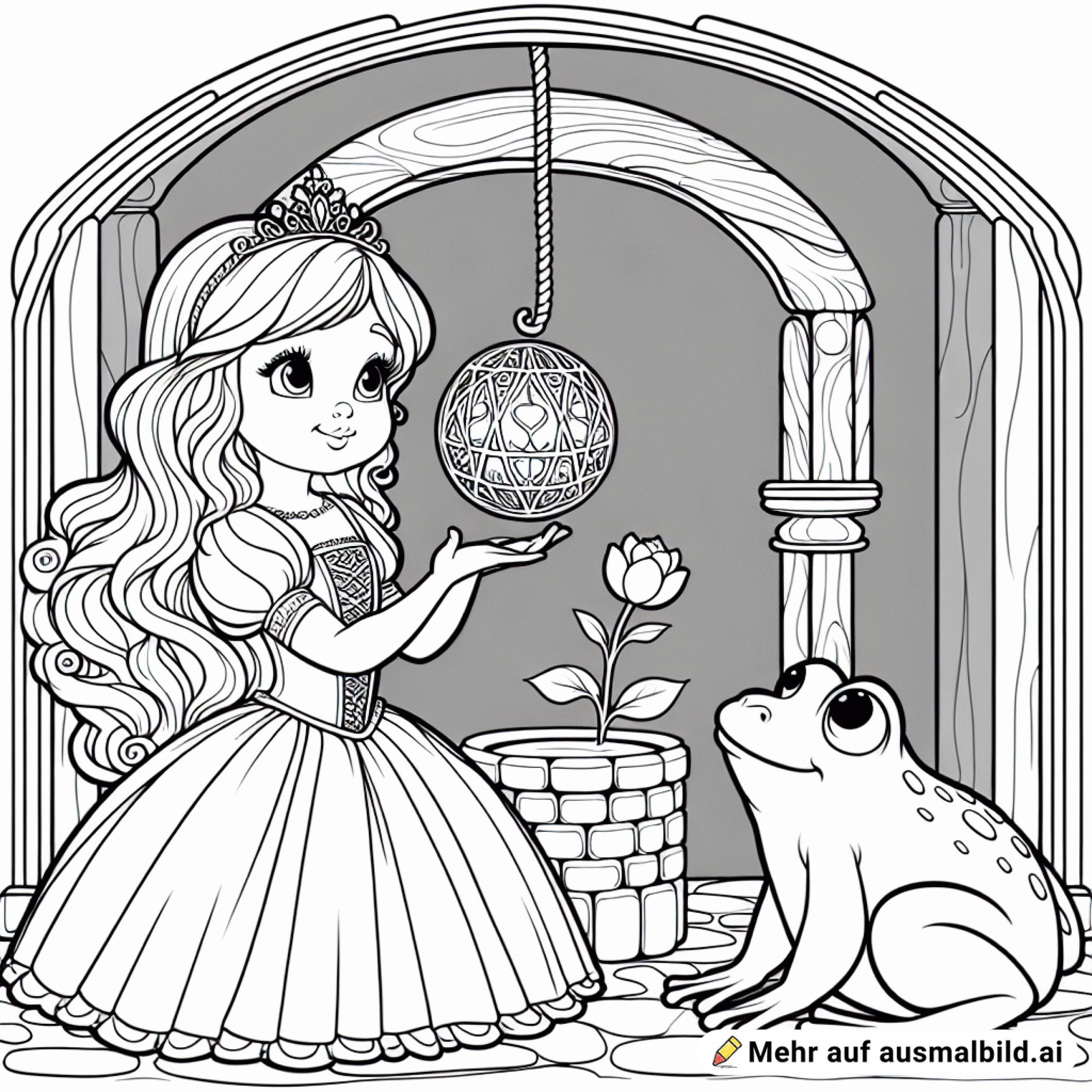 die Prinzessin, die ihre goldene Kugel im Brunnen verloren hat, und den Frosch, der ihr das Spielzeug zurückbringen will, um dafür bei ihr zu leben