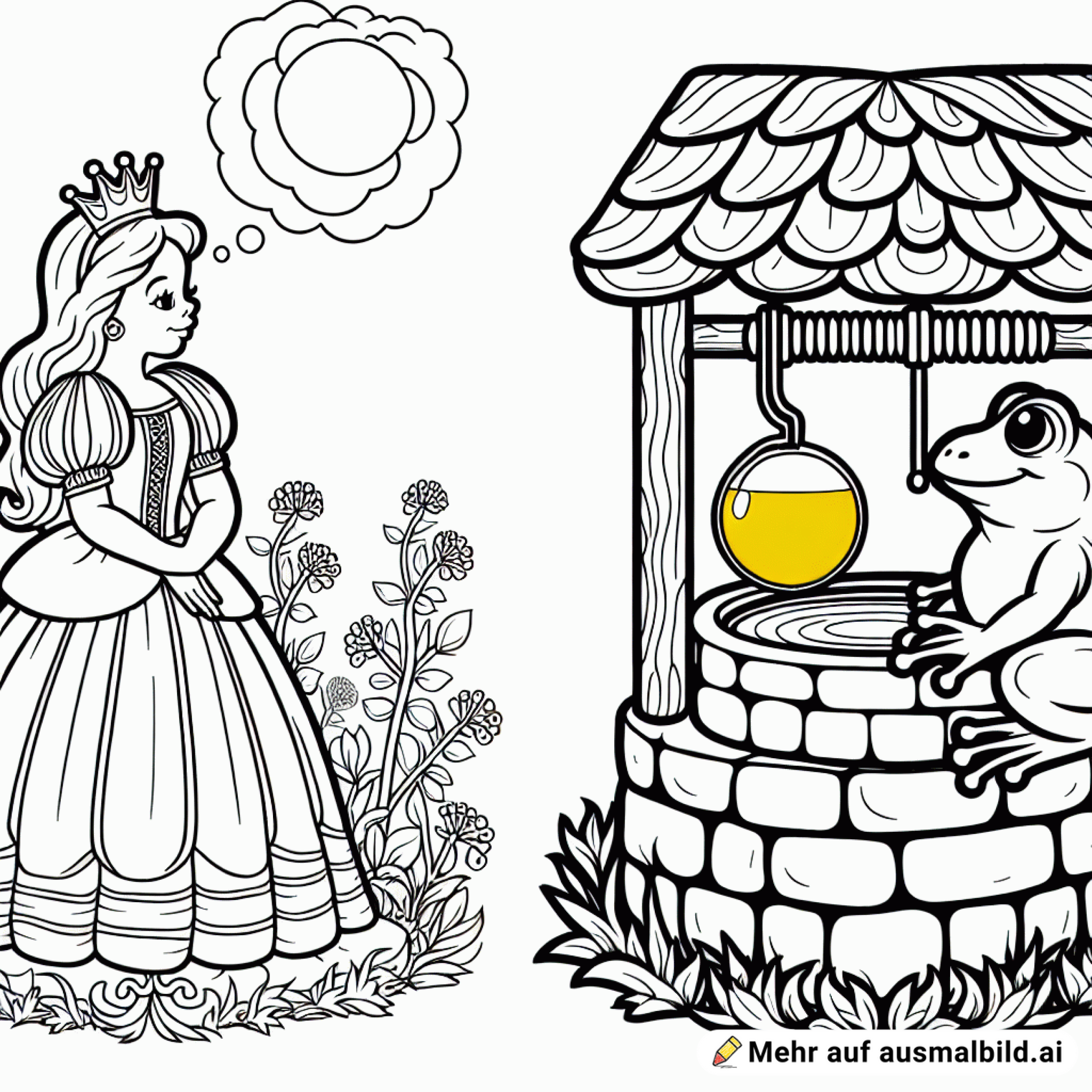 froschkönig, neben brunnen, prinzessin, goldene kugel