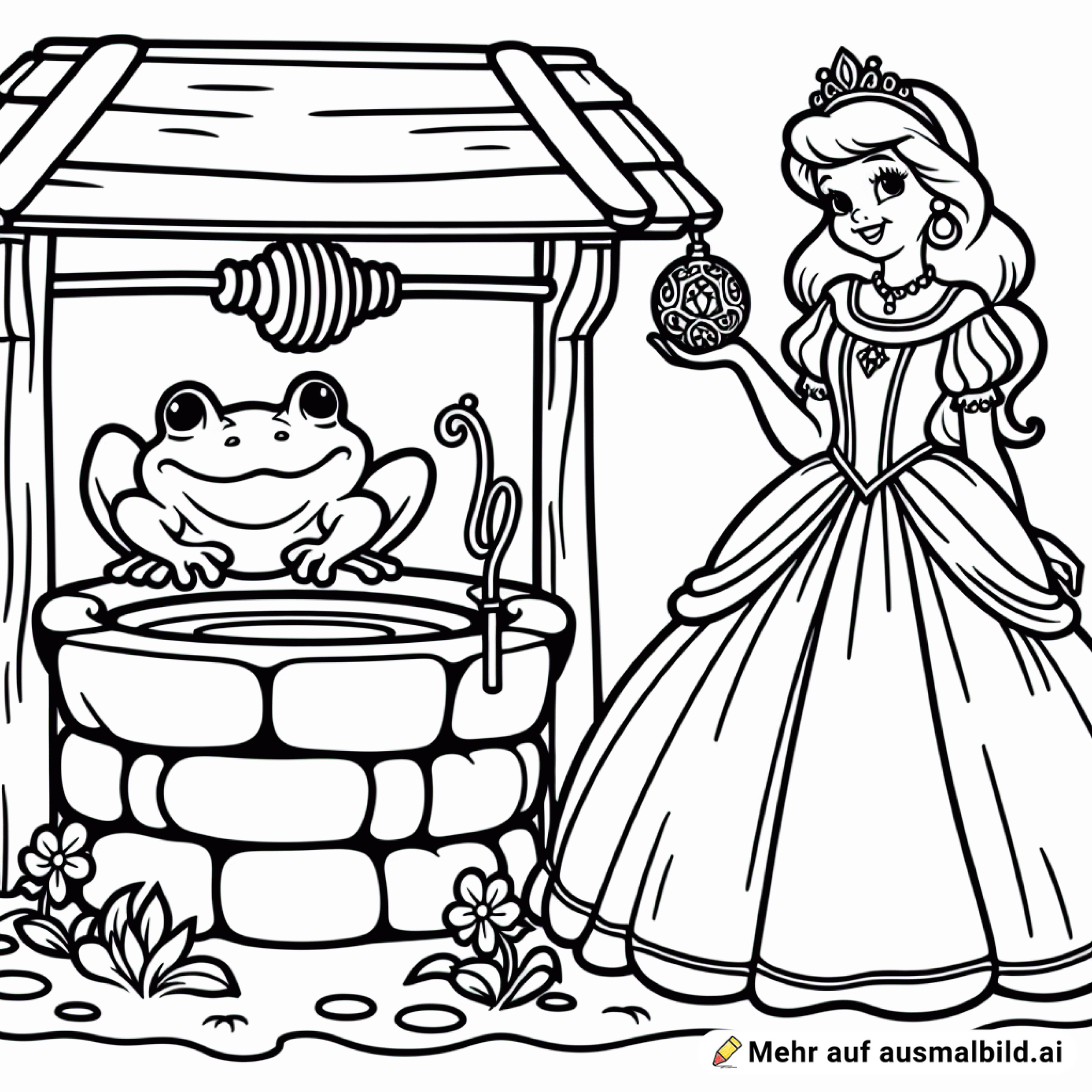 froschkönig, brunnen, prinzessin hält goldene kugel