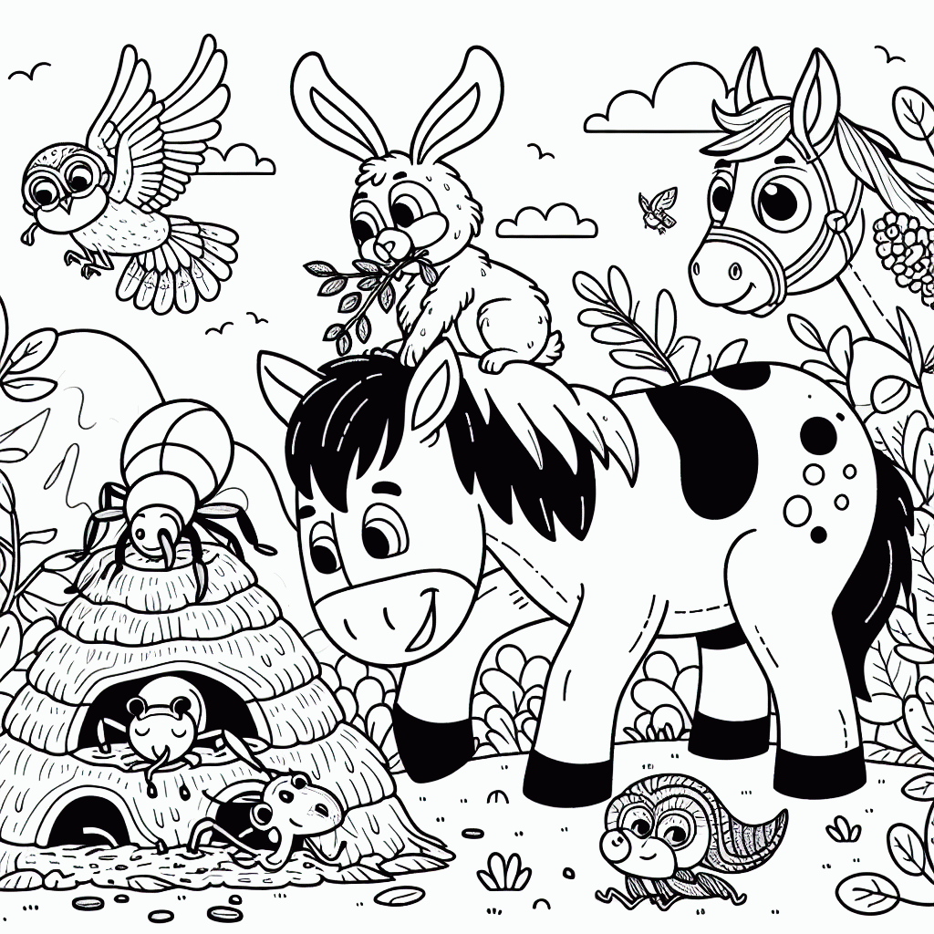 Kostenlose Malvorlage Bauernhof mit Ameise, Ziege & Pferd