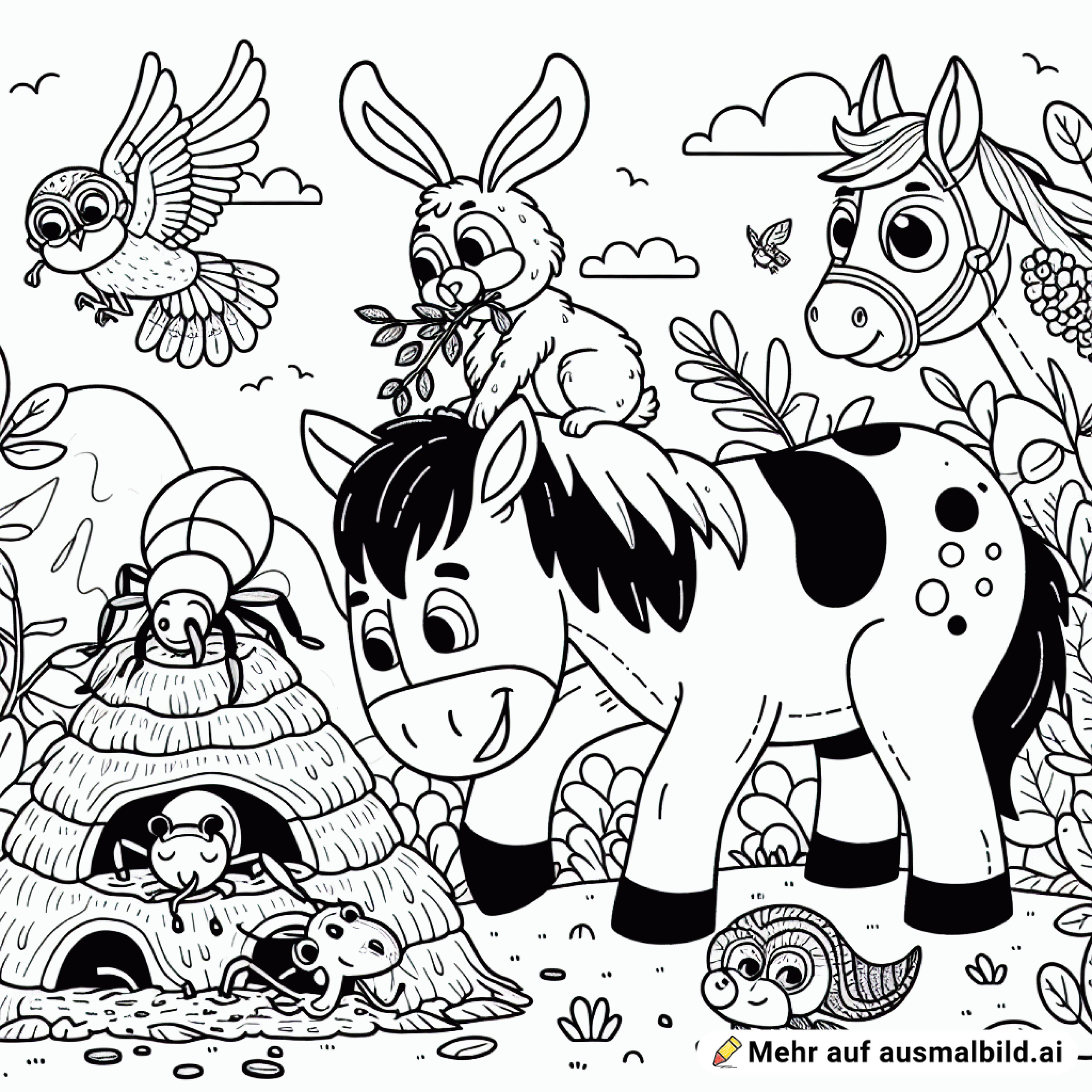 Generiere ein Ausmalbild für Kinder. Darauf baut eine Ameise einen Ameisenhaufen. Eine Ziege frisst Blätter von einem Busch. Ein Pferd und ein Elefant rennen um die Wette. Ein Affe klettert auf einem Baum. Im Hintergrund fliegt eine Eule durch die Luft.