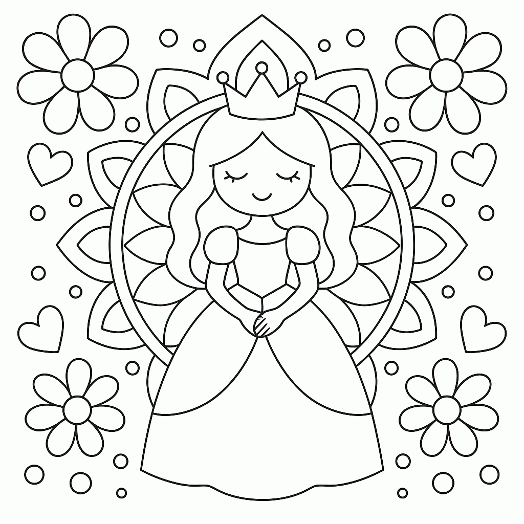 Prinzessinnen-Mandala Malvorlage zum Ausdrucken für Kinder