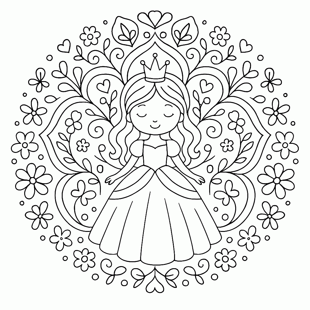 Prinzessinnen-Mandala Ausmalbild für Kinder kostenlos