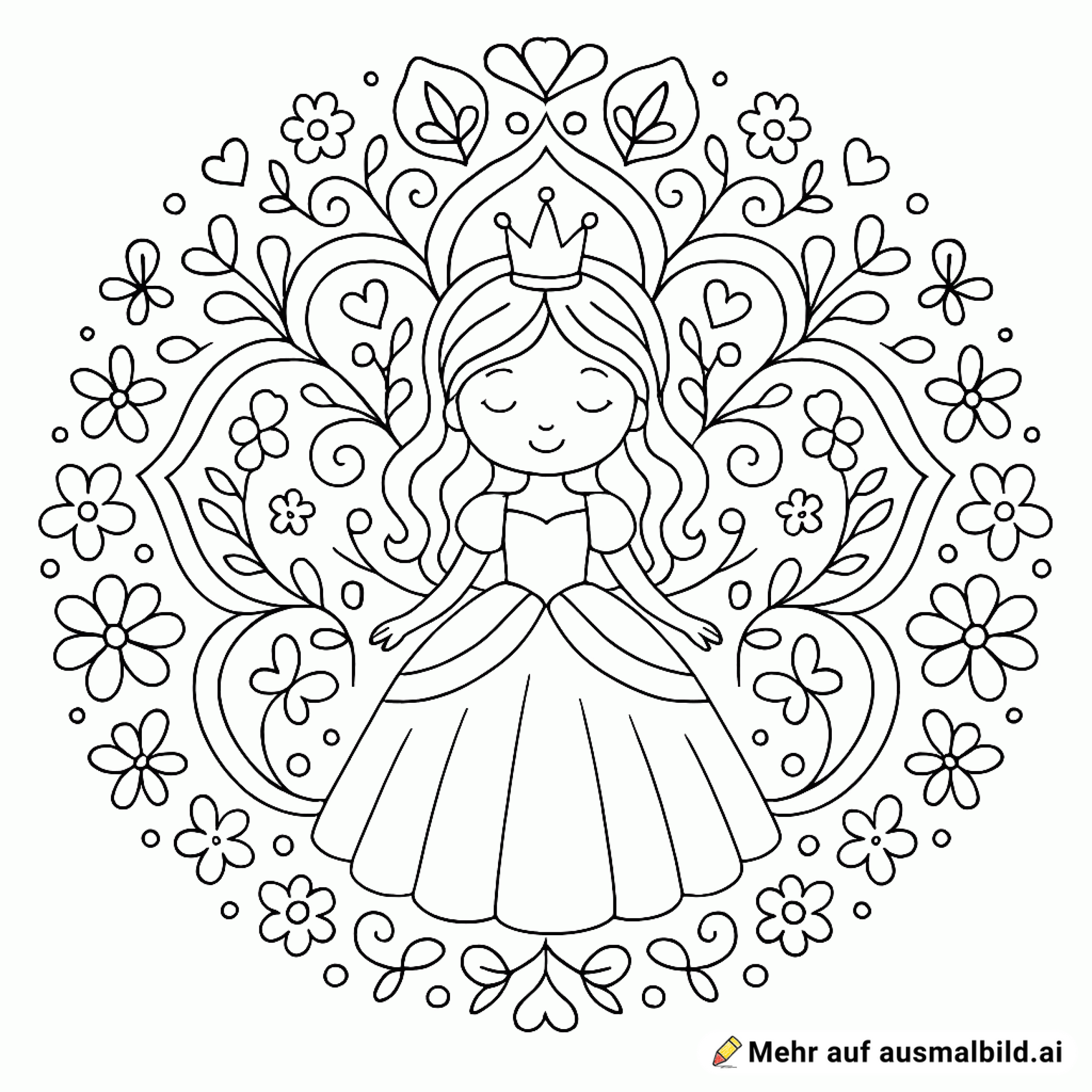 Ein wundervolles Prinzessinnen-Mandala mit sehr hohem Detailgrad und ganz vielen kleinen, versteckten Elementen, die ein Kinderherz höher schlagen lassen.