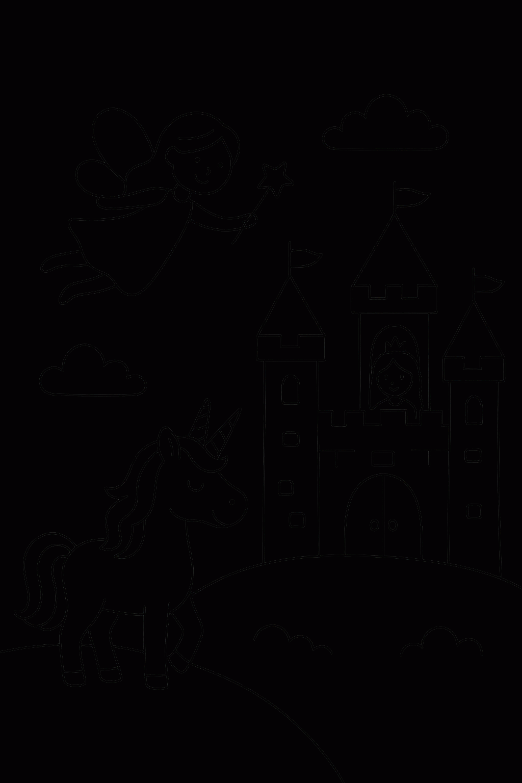 Kostenlose Malvorlage: Prinzessin mit Einhorn und Schloss