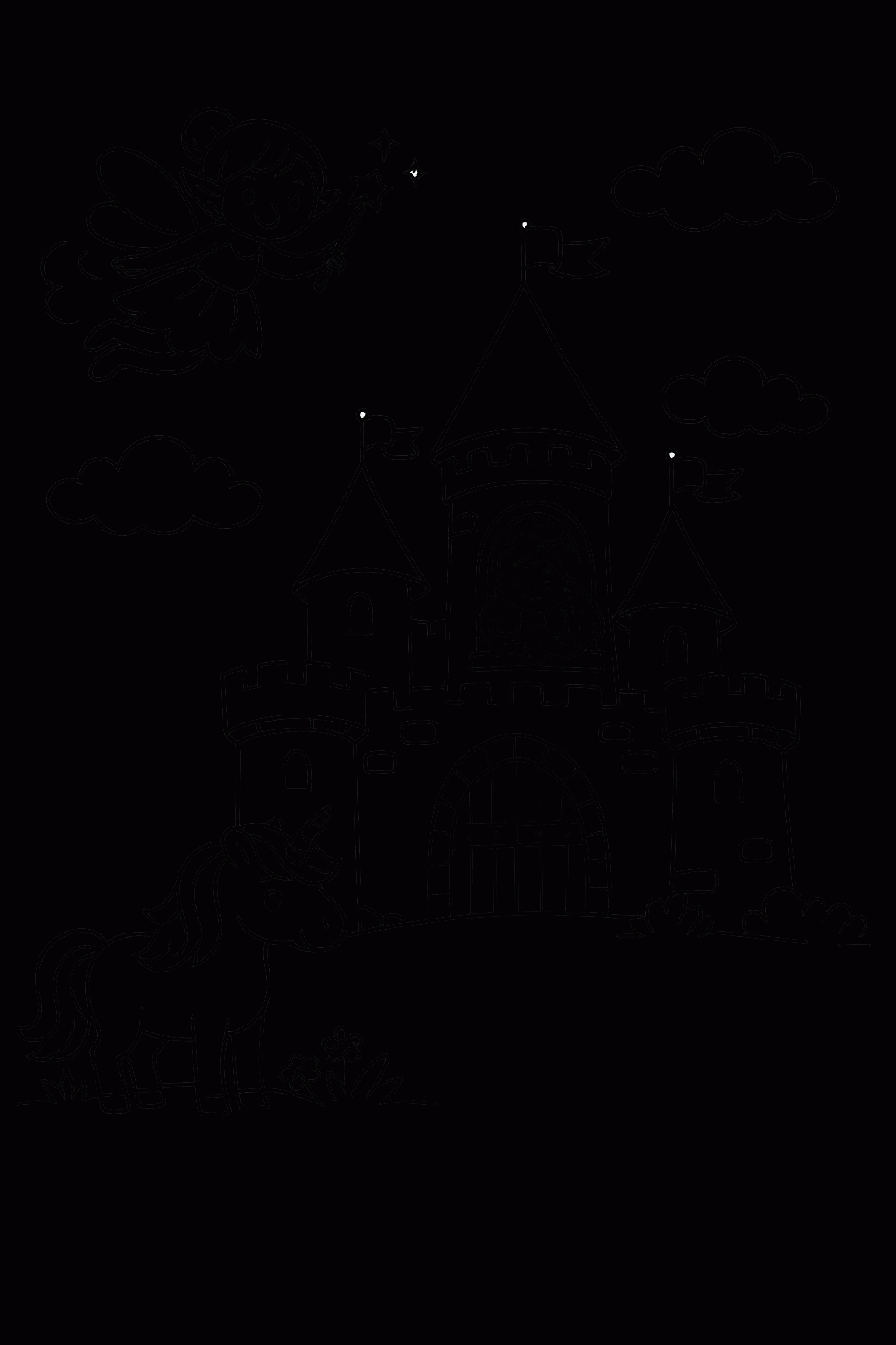 Prinzessin im Schloss mit Einhorn - Malvorlage kostenlos