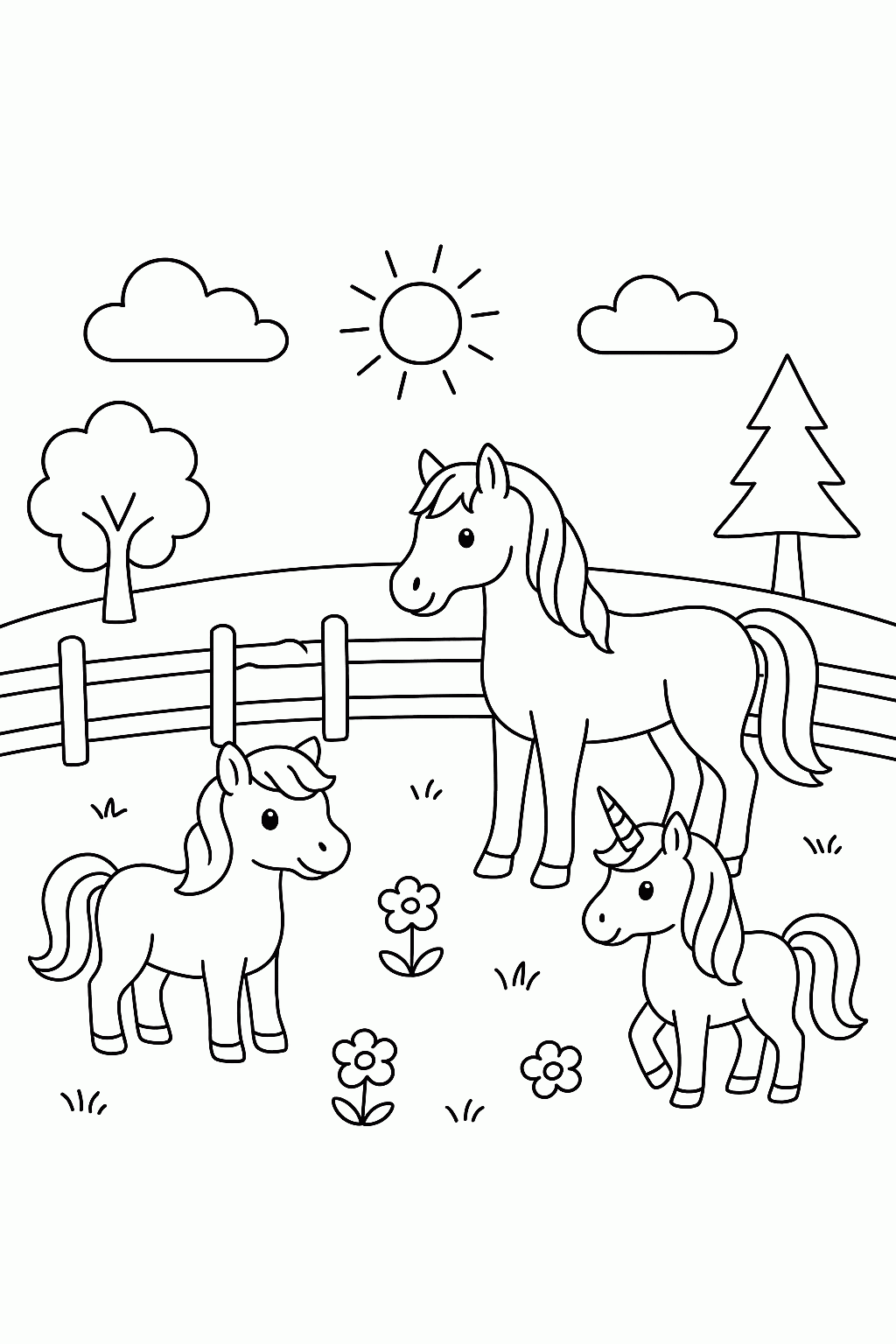 Kostenlose Malvorlagen: Ponys, Pferde & Einhörner ausdrucken