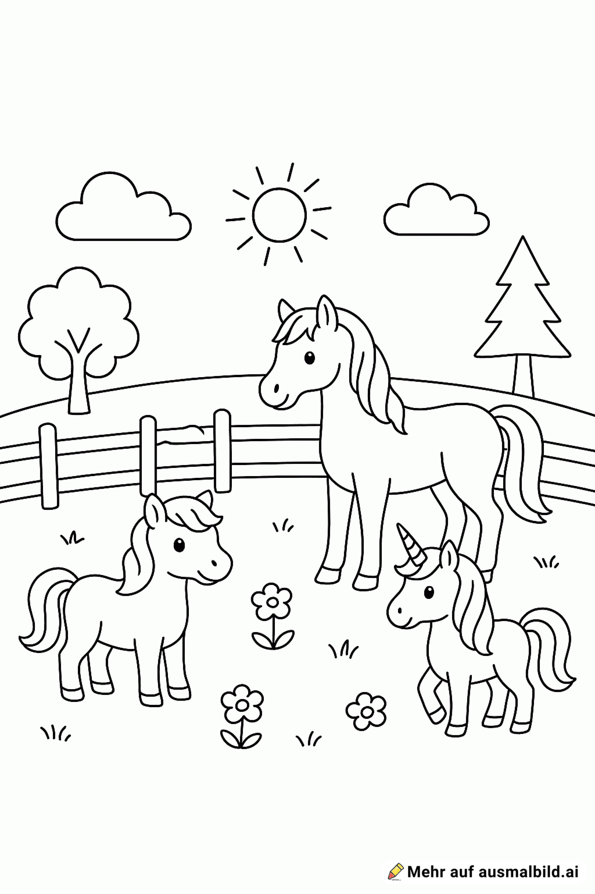 Ponys Pferde und Einhörner auf einer koppel