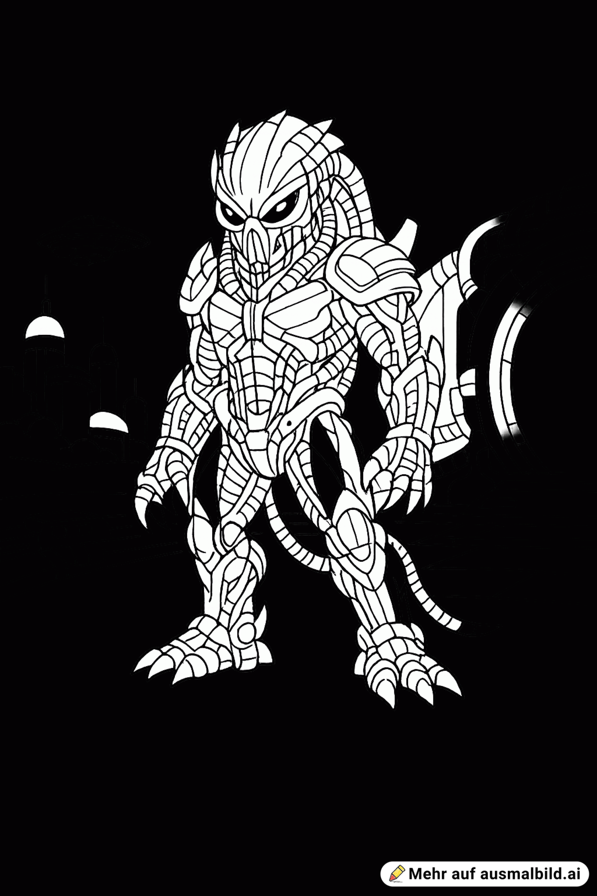 „Generiere ein Ausmalbild eines biomechanischen Aliens mit komplexen organischen und metallischen Strukturen, das in einer futuristischen Umgebung steht.“