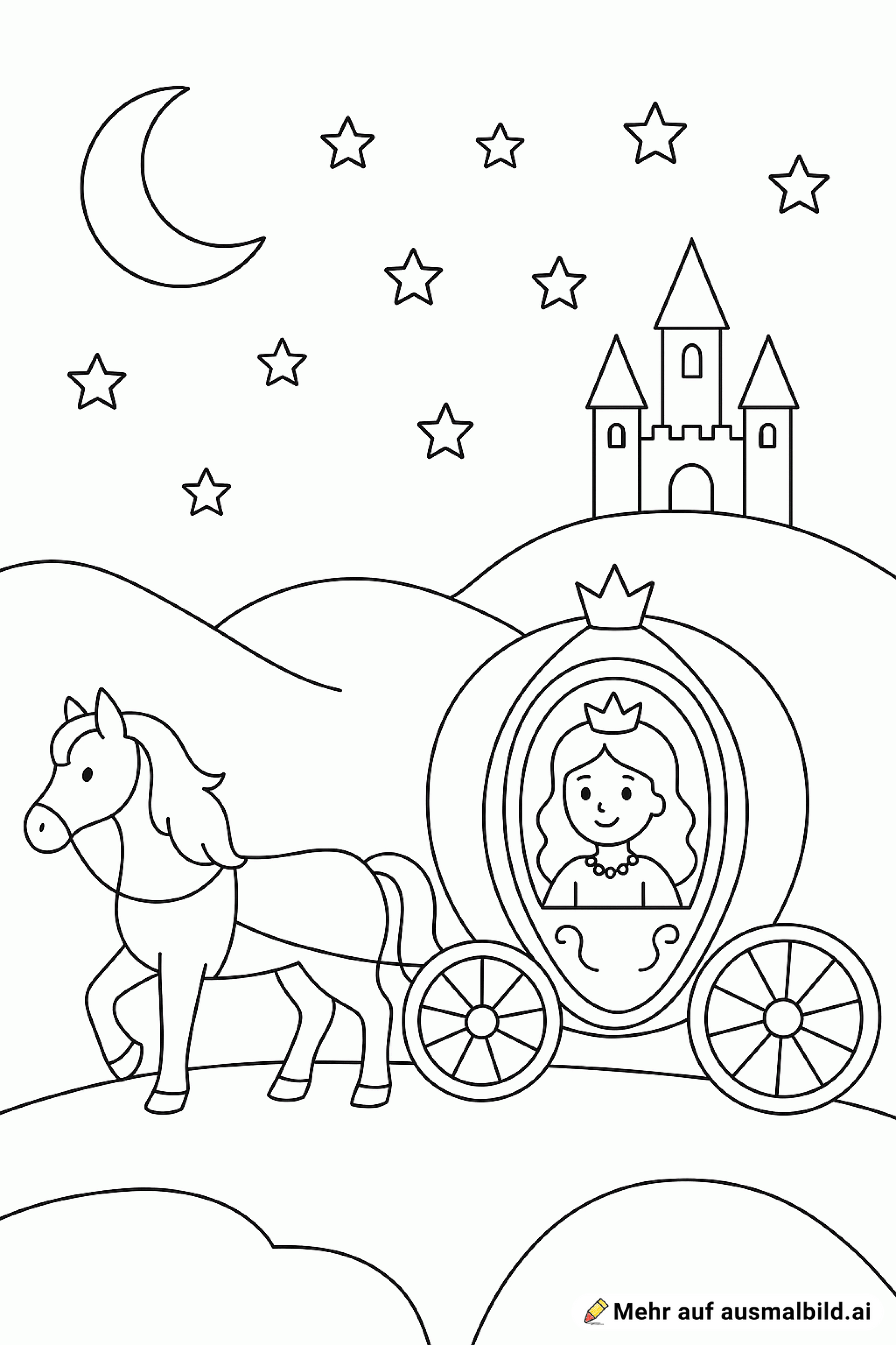 Sternenhimmel, Schloss, Kutsche in der eine Prinzessin sitzt, die eine Kette umhat