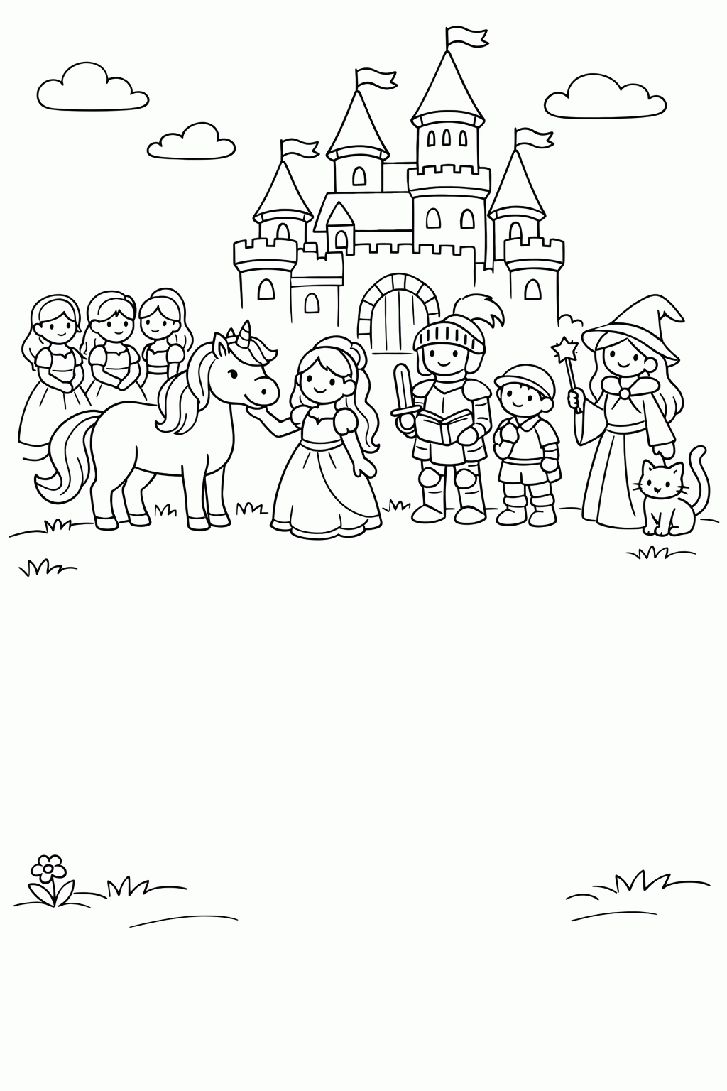 Kostenlose Malvorlage Einhorn mit Schloss und Prinzessin