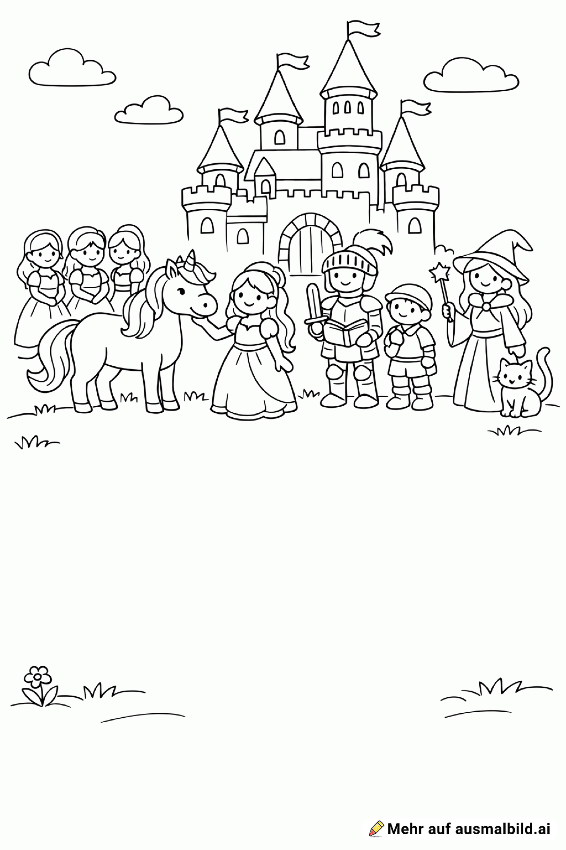 Ein Einhorn vor einem Schloss zusammen mit einer Prinzessin, einem Ritter, einem Professor und seinem Student, drei Hofdamen, einer Zauberin und ihrer Katze
