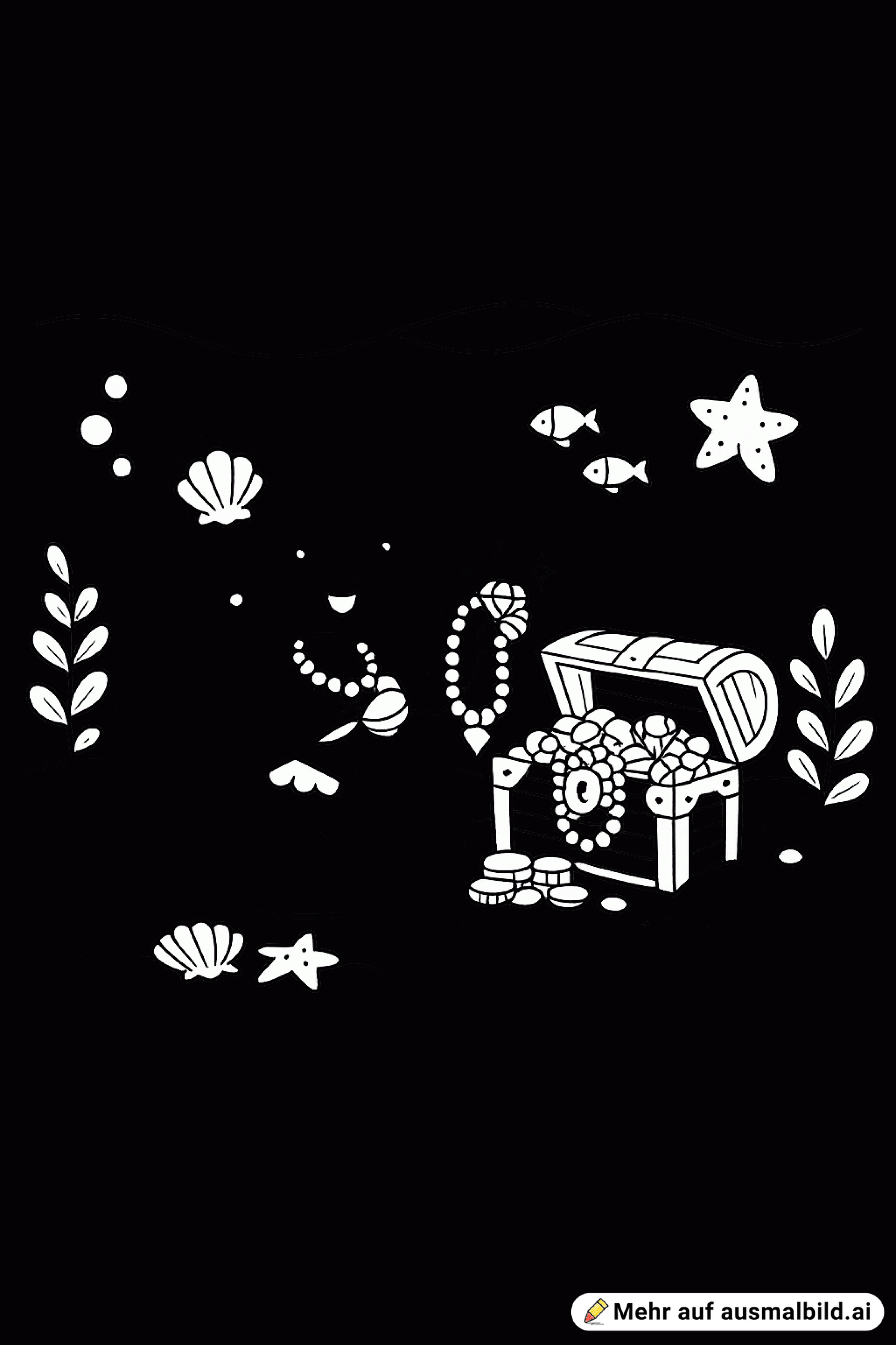 Mehrjungrau mit einer Schatztruhe. Die Mehrjungfrau hat eine Diamandkette aus der Truhe rausgenommen und trägt eine Kette.