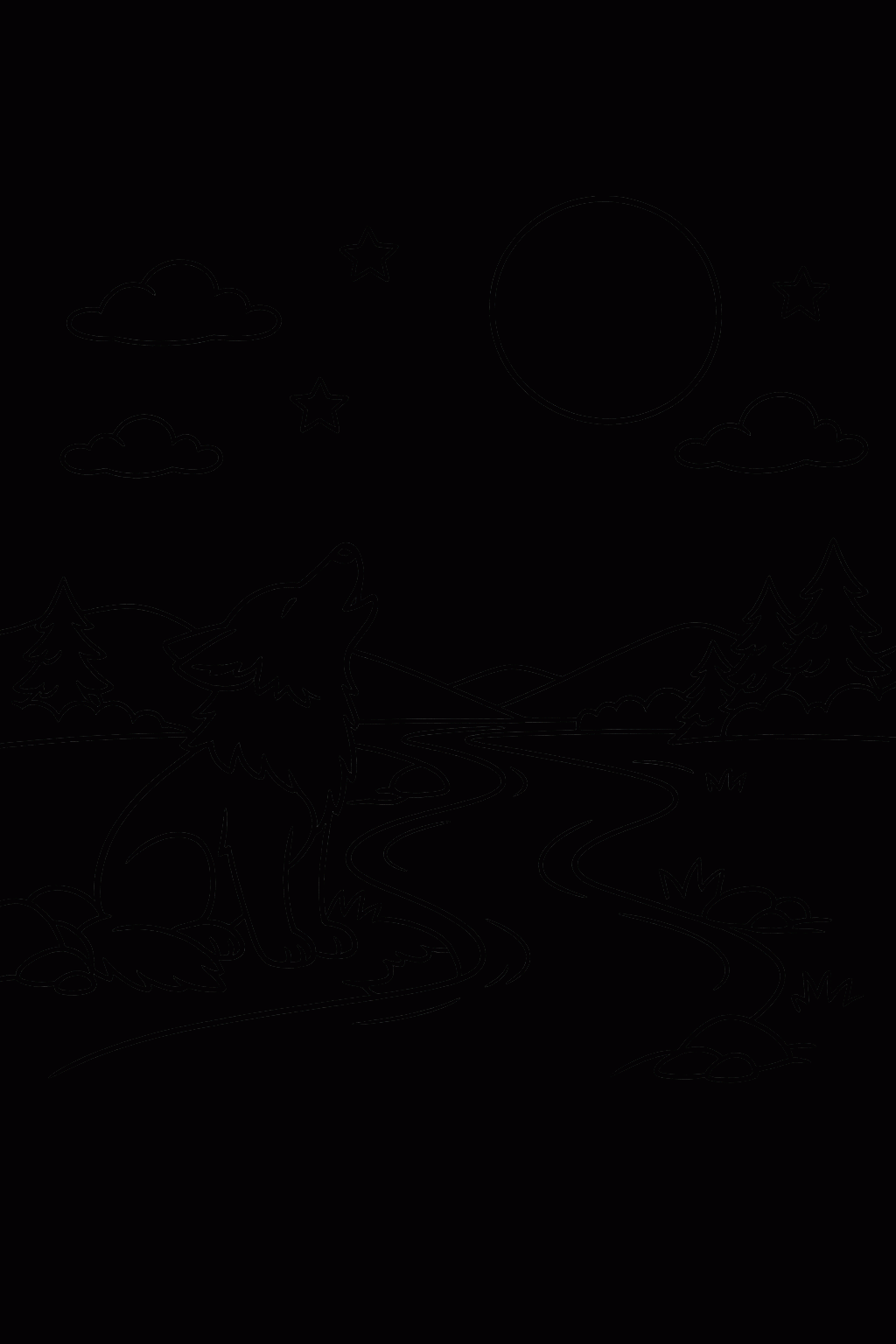 Kostenlose Malvorlagen: Wolf am Fluss bei Nacht