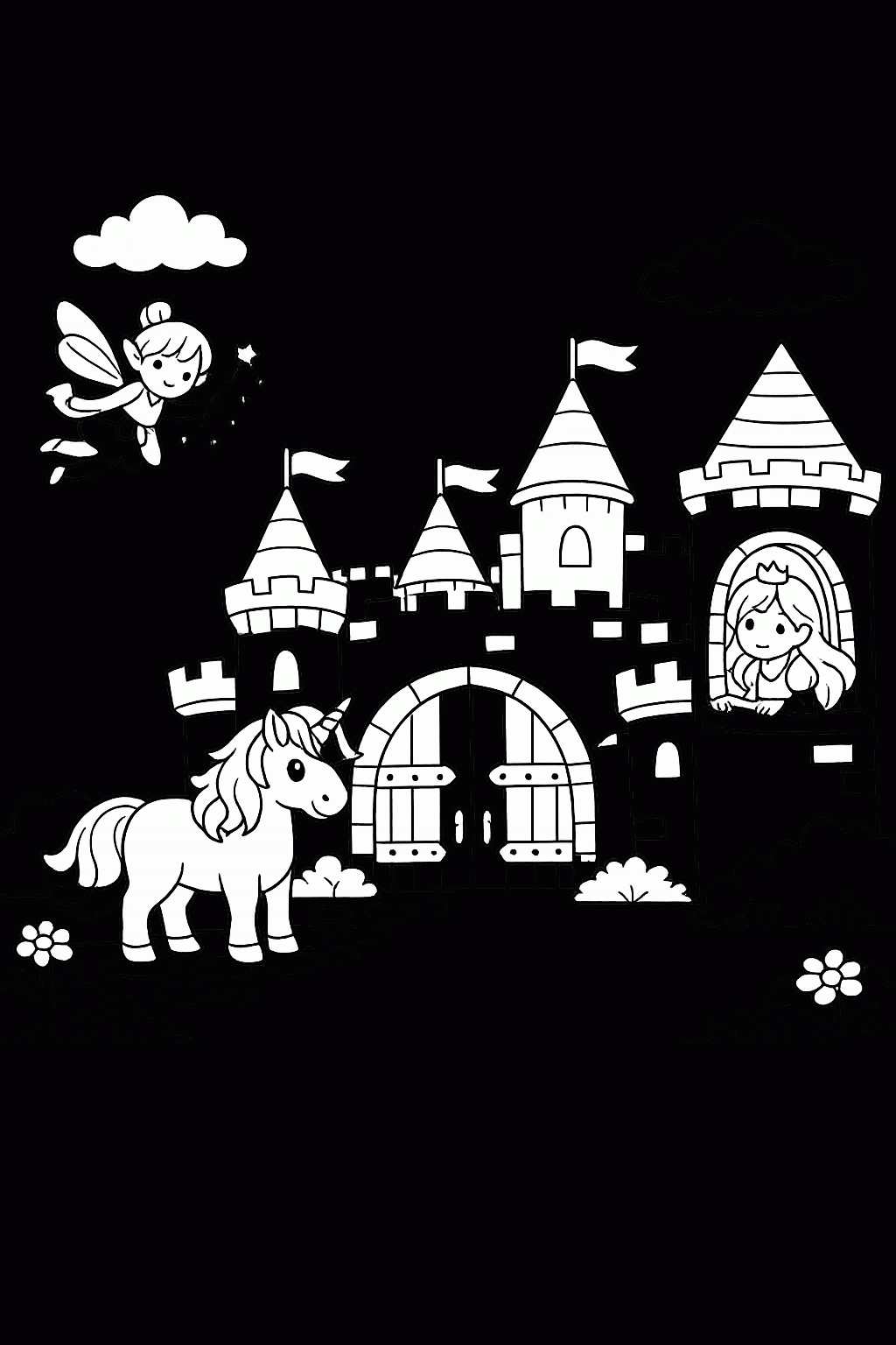 Kostenlose Malvorlagen: Schloss mit Einhorn und Prinzessin