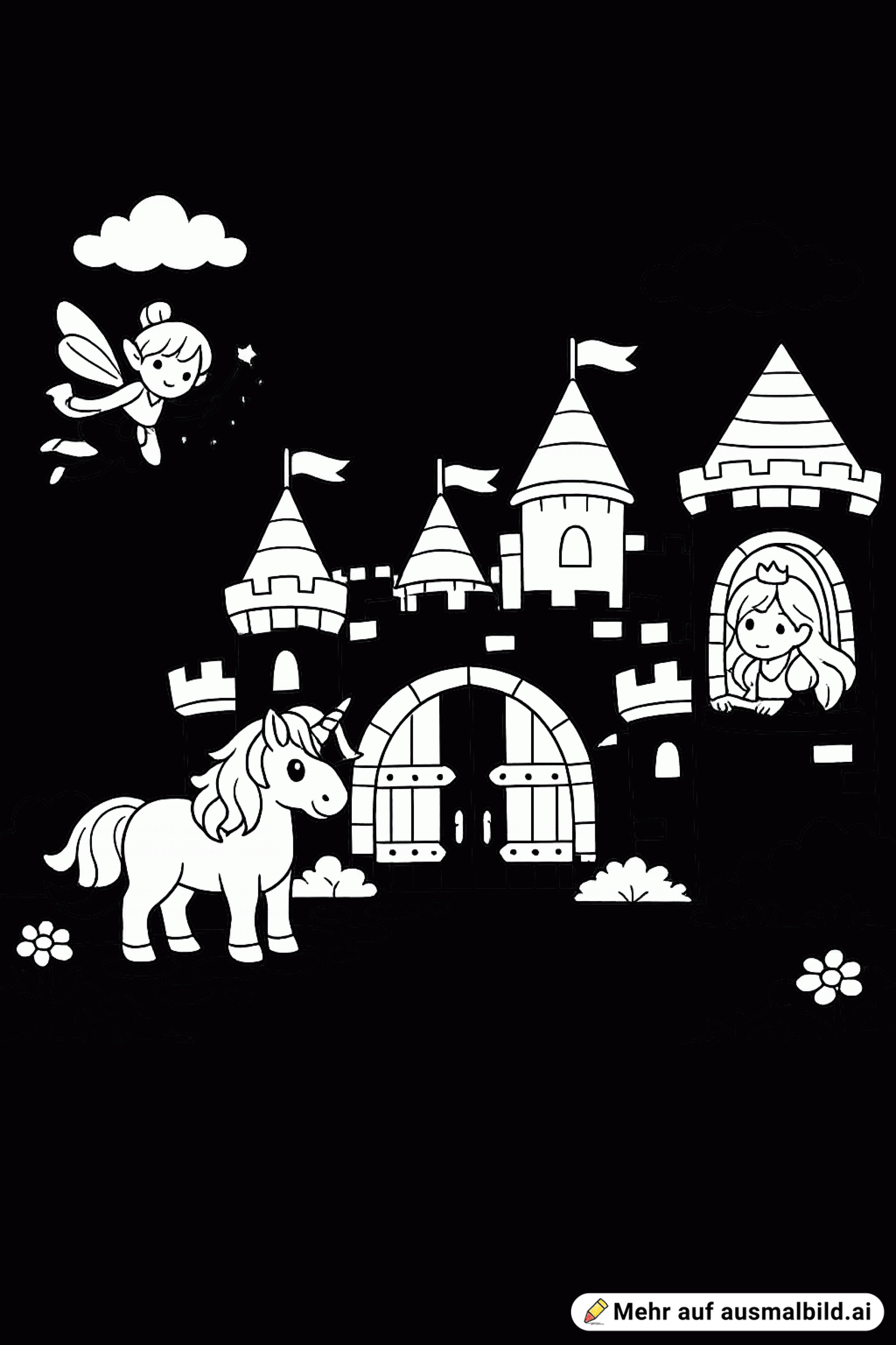 Schloss, Einhorn steht vor dem Tor, Prinzessin schaut aus dem Fenster, Eine Fee fliegt über das Schloss. Vor dem