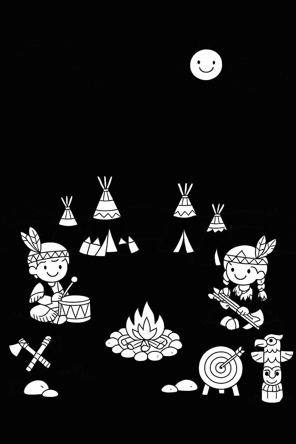 Kostenlose Malvorlagen: Zeltlager mit Indianern Ausdrucken