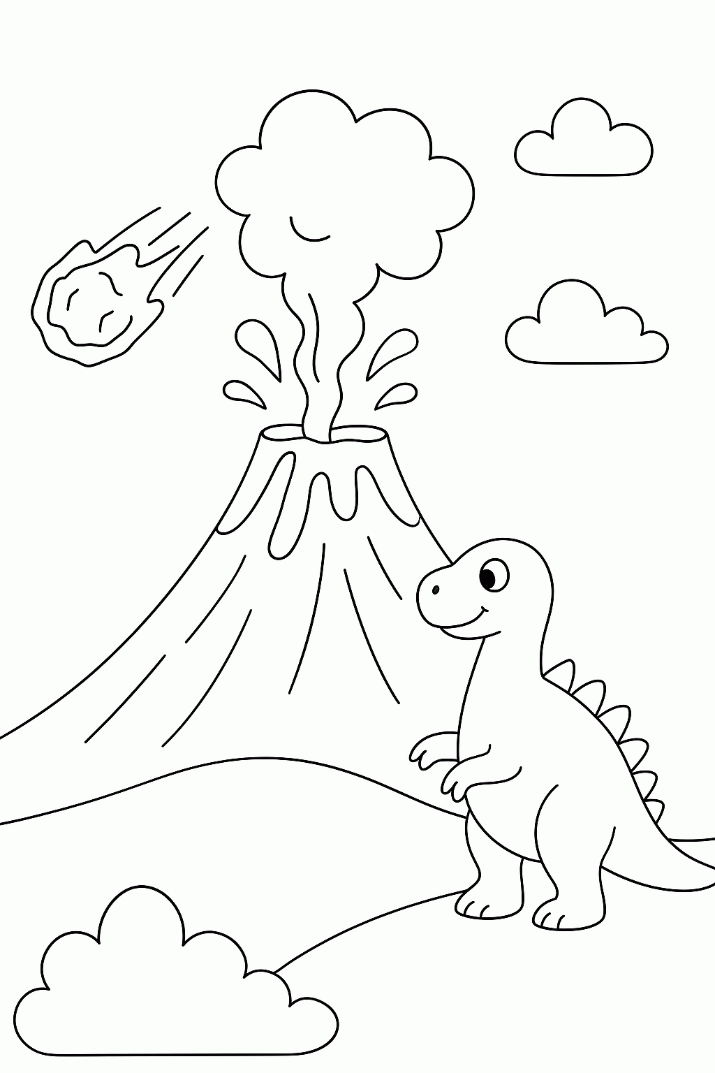 Riesenvulkan Malvorlage mit Dino und Meteorit zum Ausdrucken