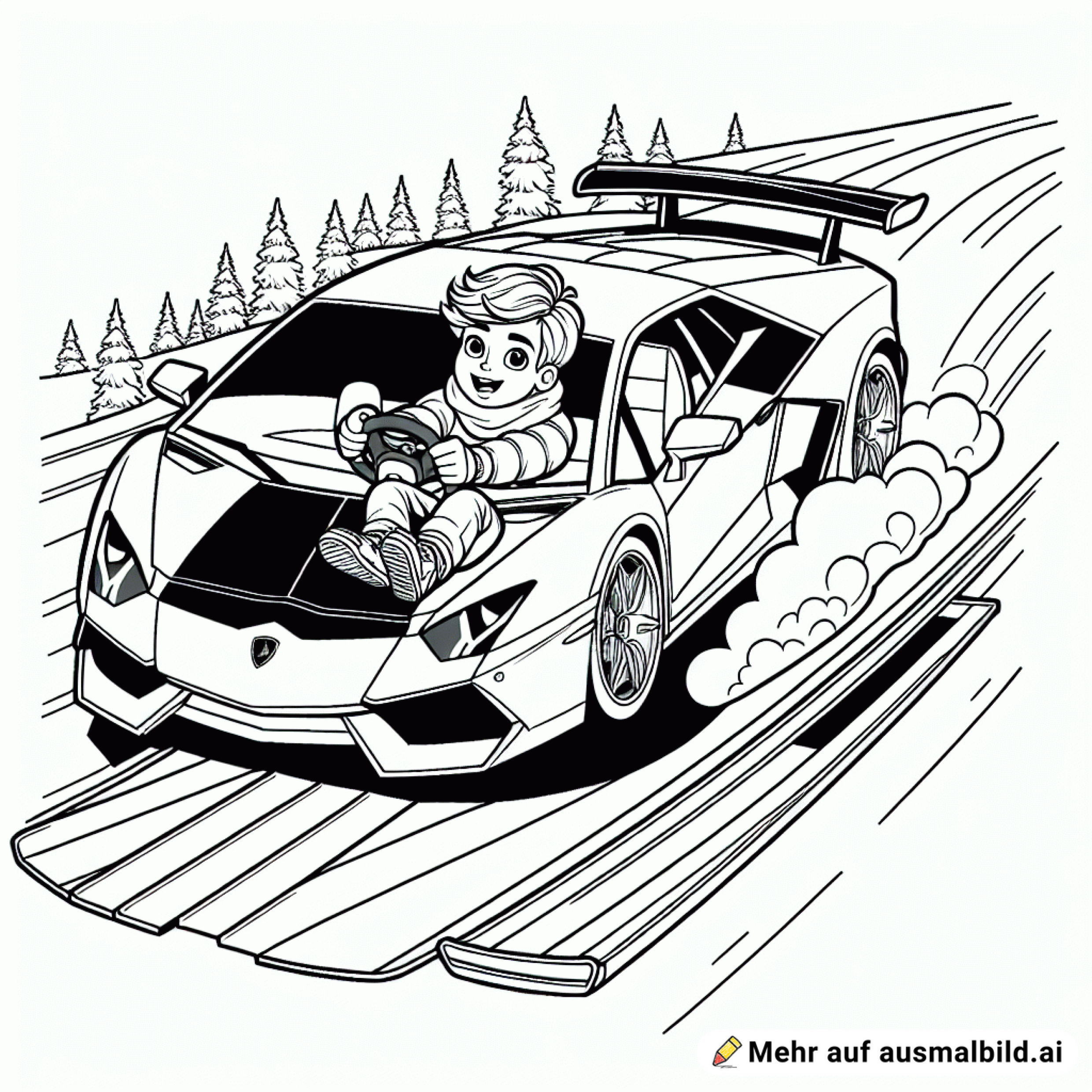 ein lamborginih mit einem achtjährigen Fynn am Steuer der eine Skisprungschanze herunterfährt