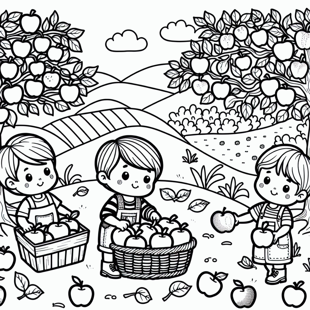 Kostenlose Malvorlagen: Kinder beim Äpfel pflücken