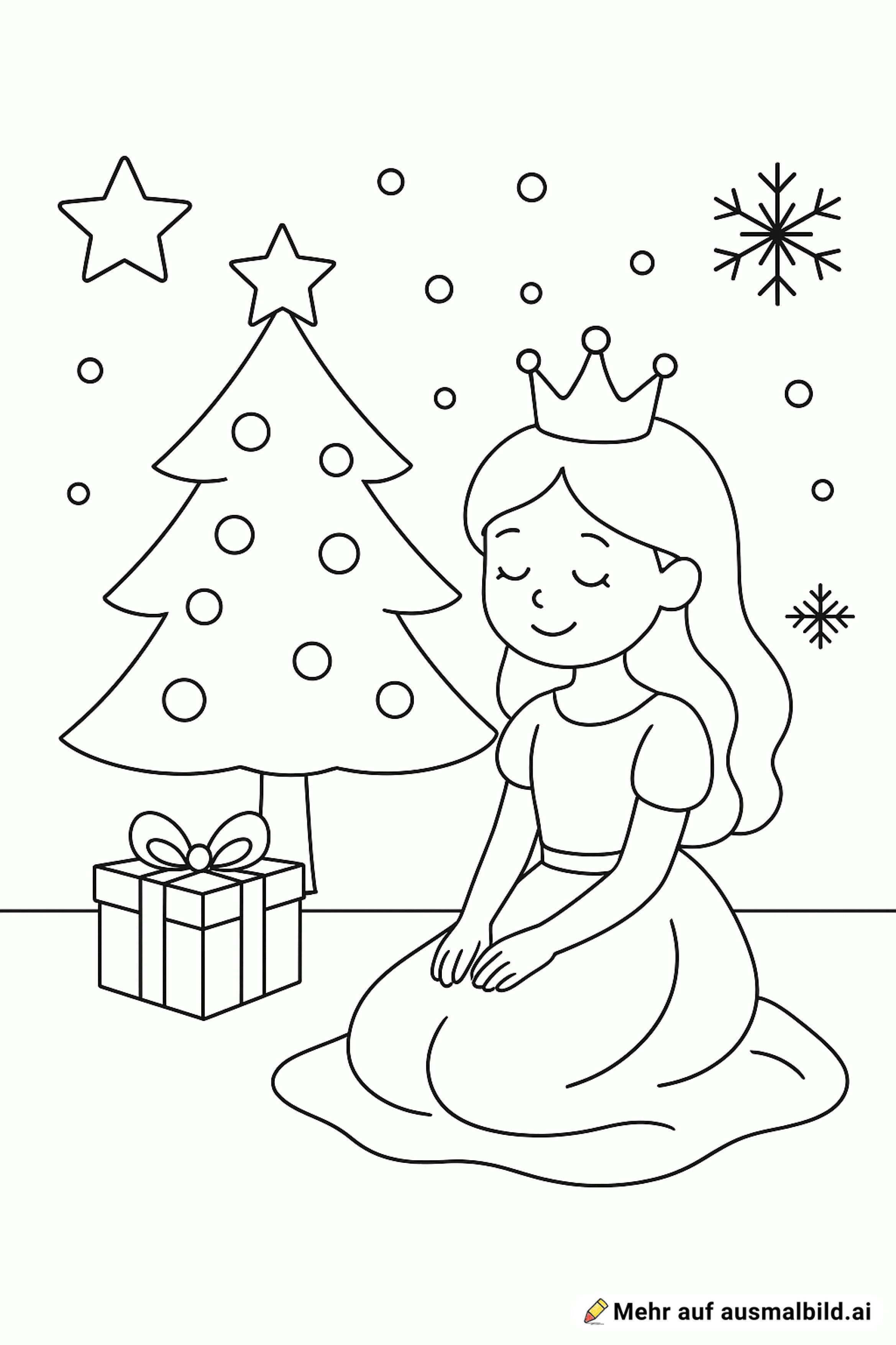 Ich möchte eine Prinzessin ausmalen, wie sie gerade unterm Weihnachtsbaum sitzt.