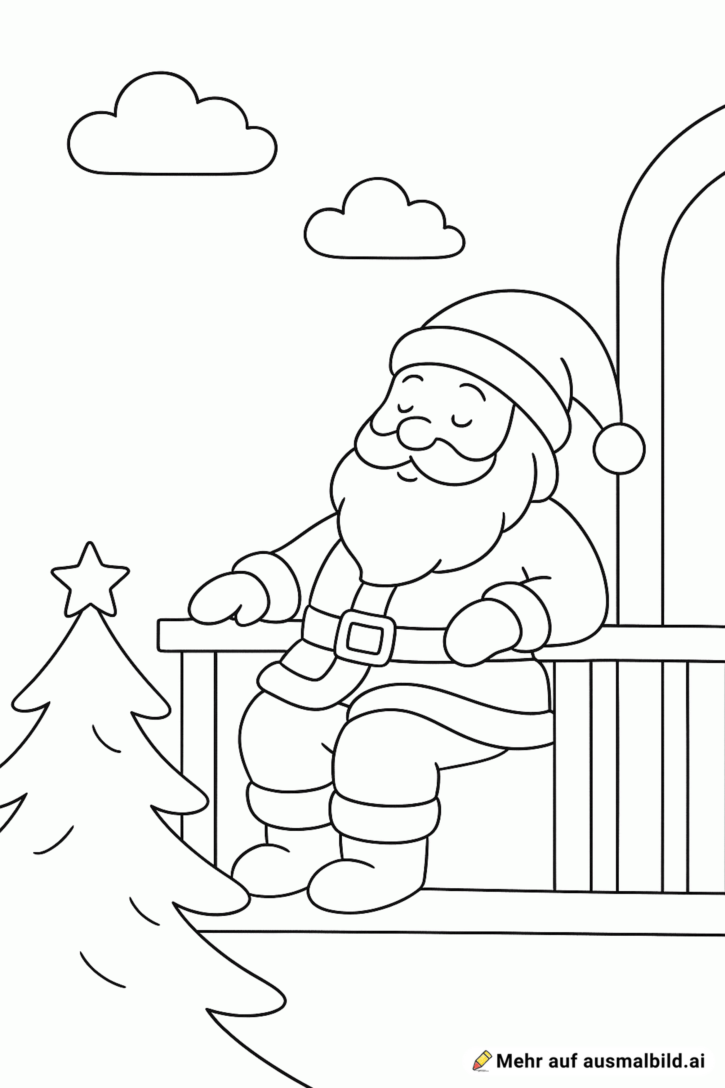 Ich möchte gerne den Weihnachtsmann ausmalen, wie er gerade auf dem Balkon sitzt.