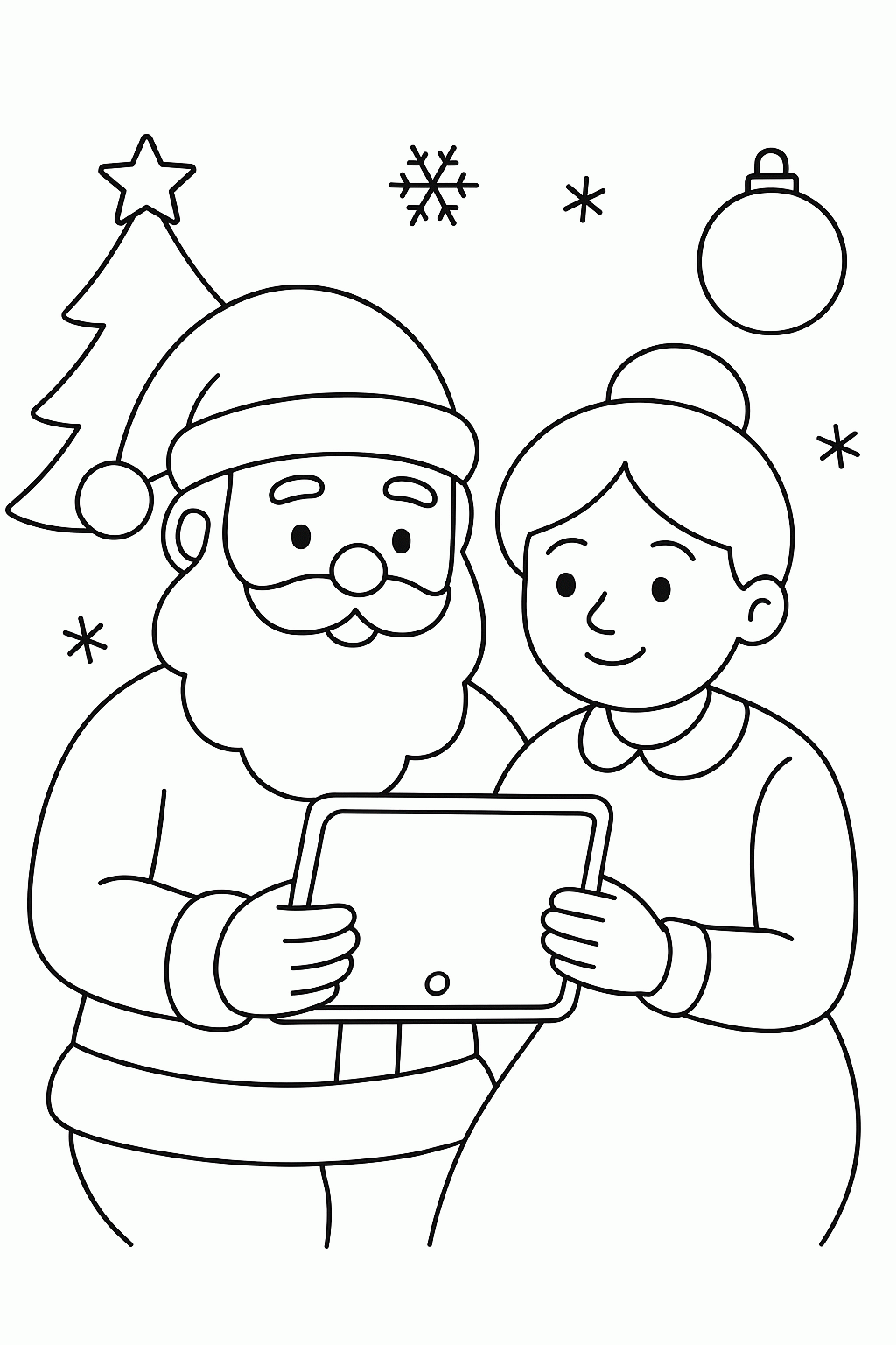Weihnachtsmann und Weihnachtsfrau beim Tablet schauen