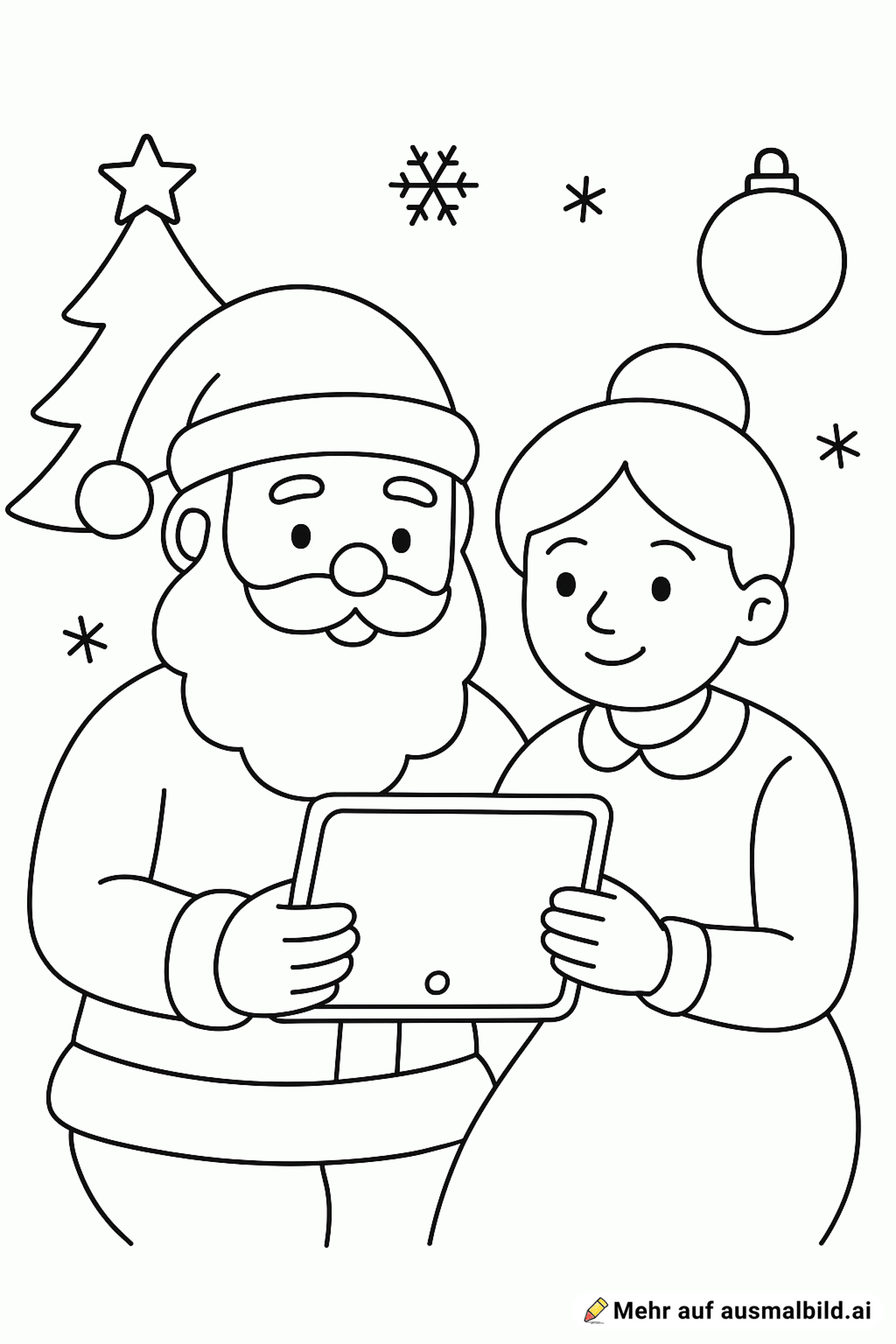 Einen Weihnachtsmann und eine Weihnachtsfrau die Tablet gucken.