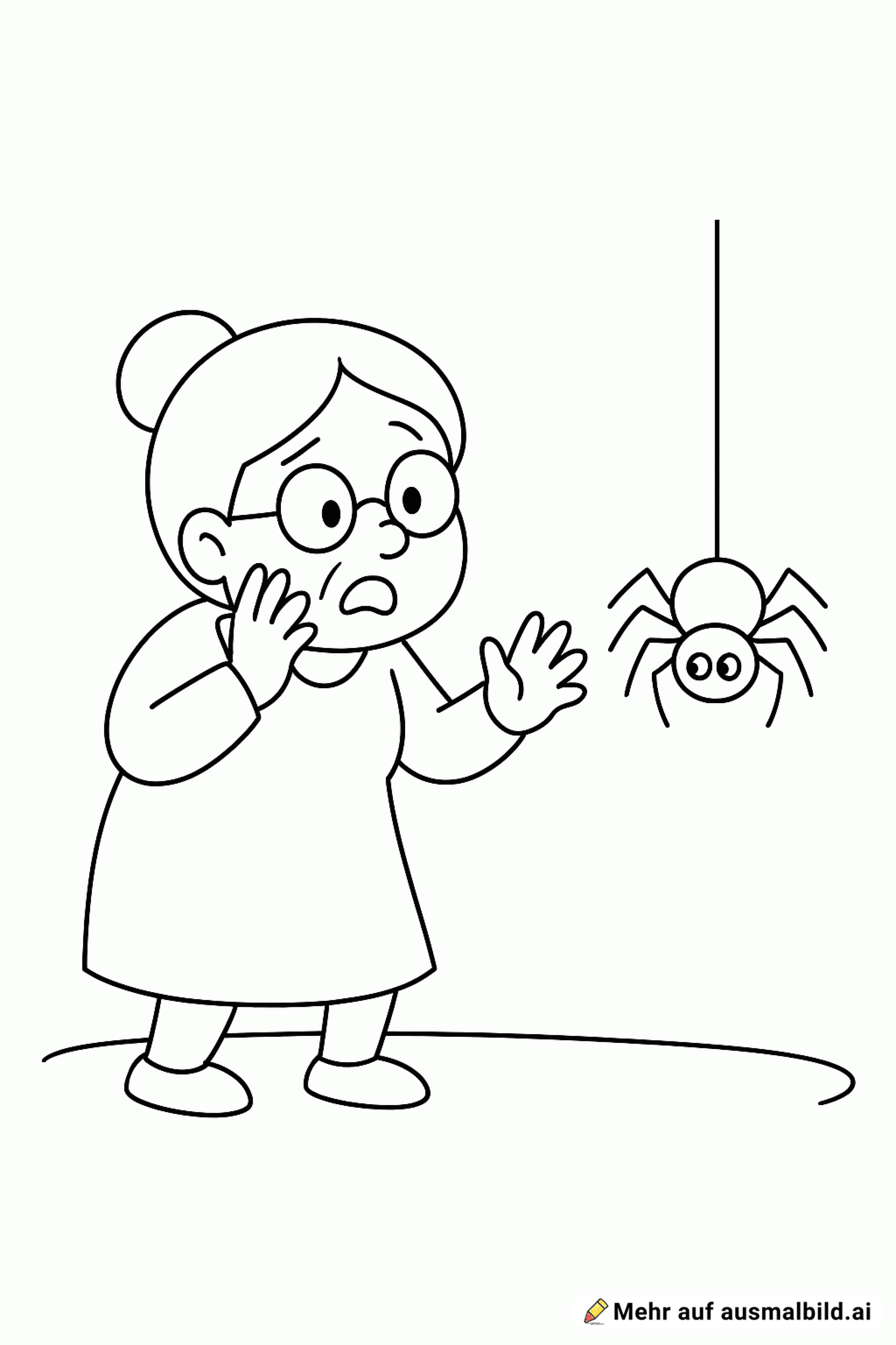 Eine alte Oma die Angst vor Spinnen hat.