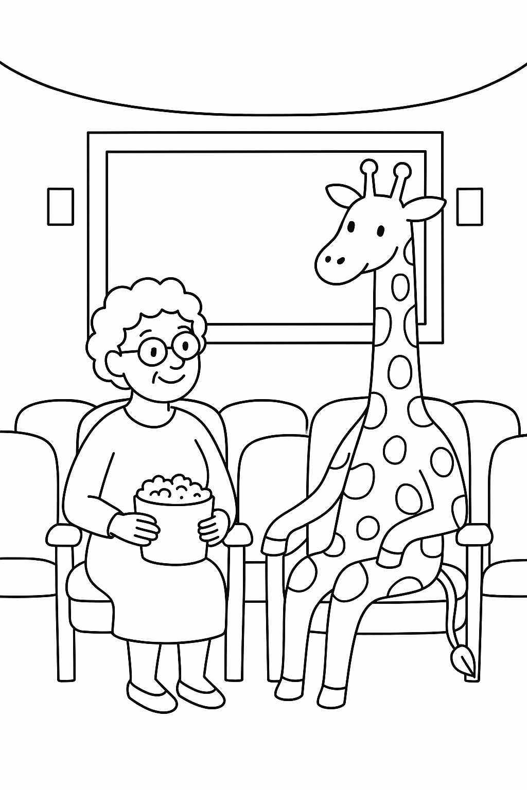 Oma im Kino: Riesige Giraffe Malvorlage für Kinder