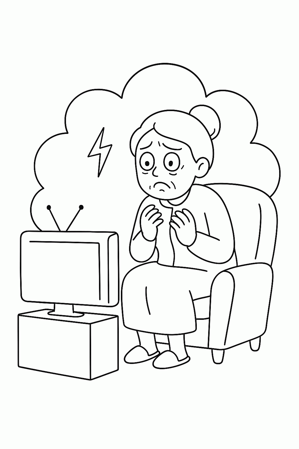 Kostenlose Malvorlage: Oma mit Angst vor dem Fernseher