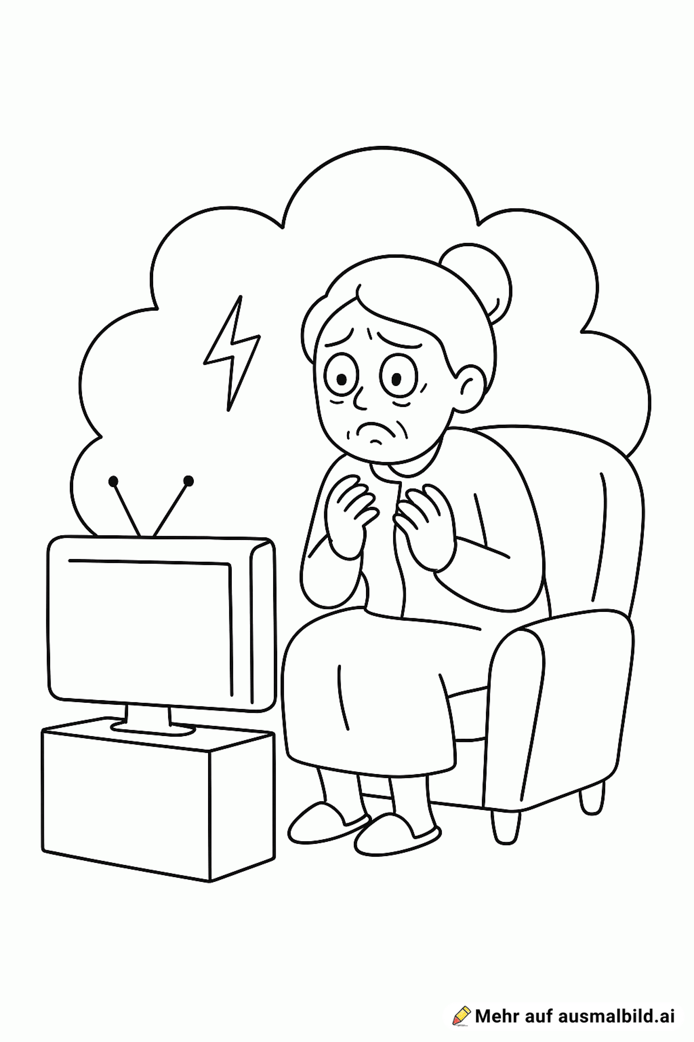 Eine Oma die ANgst vor dem Fernseher hat.