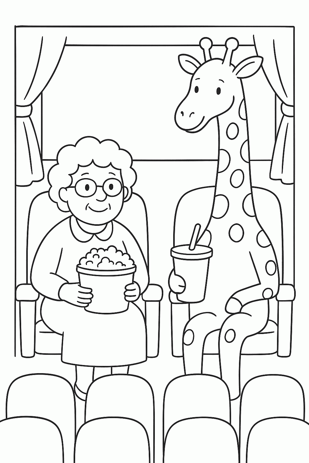 Oma wie eine Giraffe im Kino - Malvorlage für Kinder