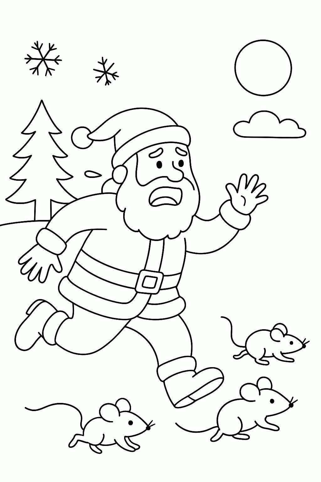 Ängstlicher Weihnachtsmann vor Mäusen – Malvorlage kostenlos
