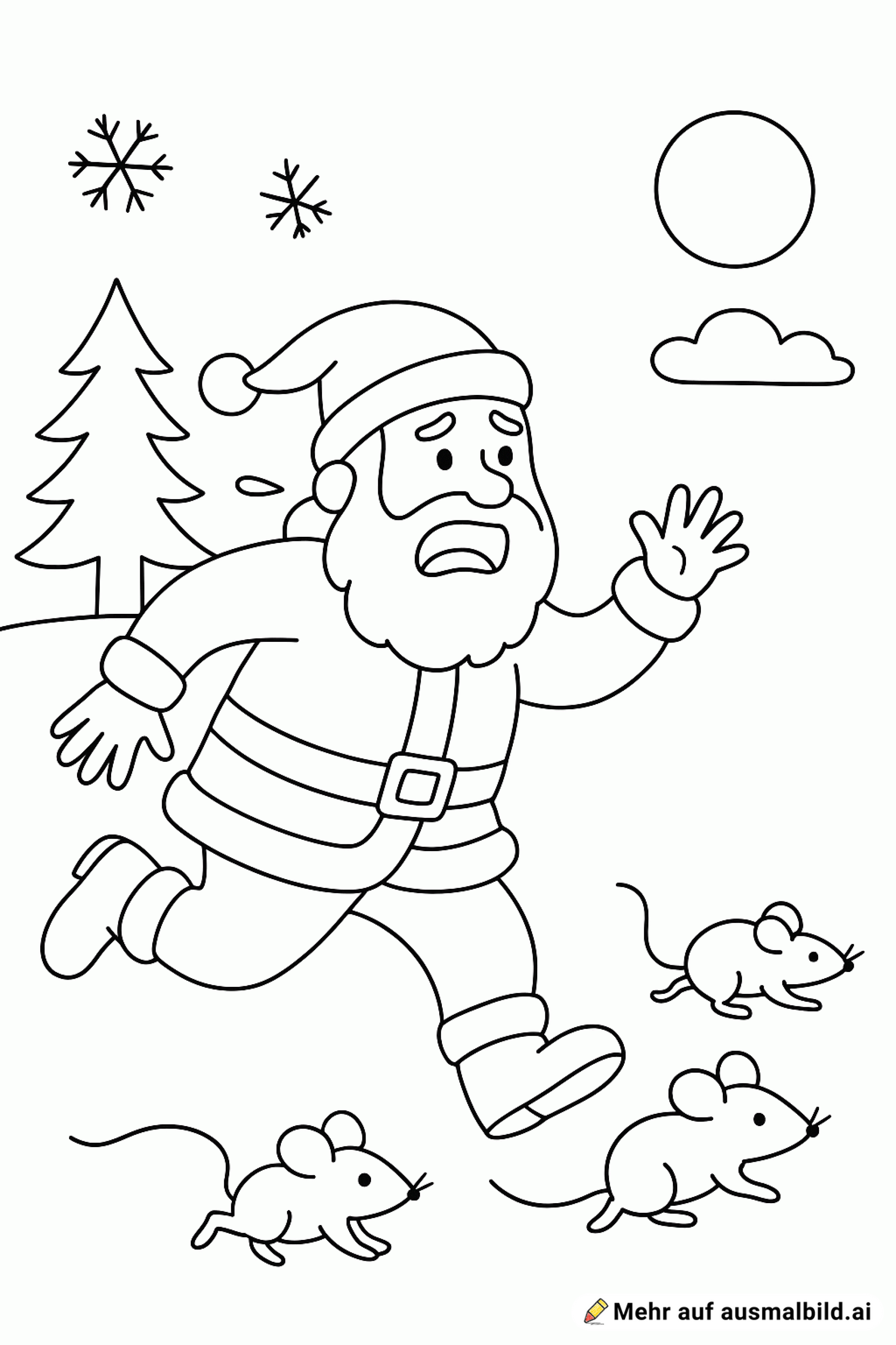 Einen ängstlichen Weihnachtsmann der vor Mäusen wegrennt.