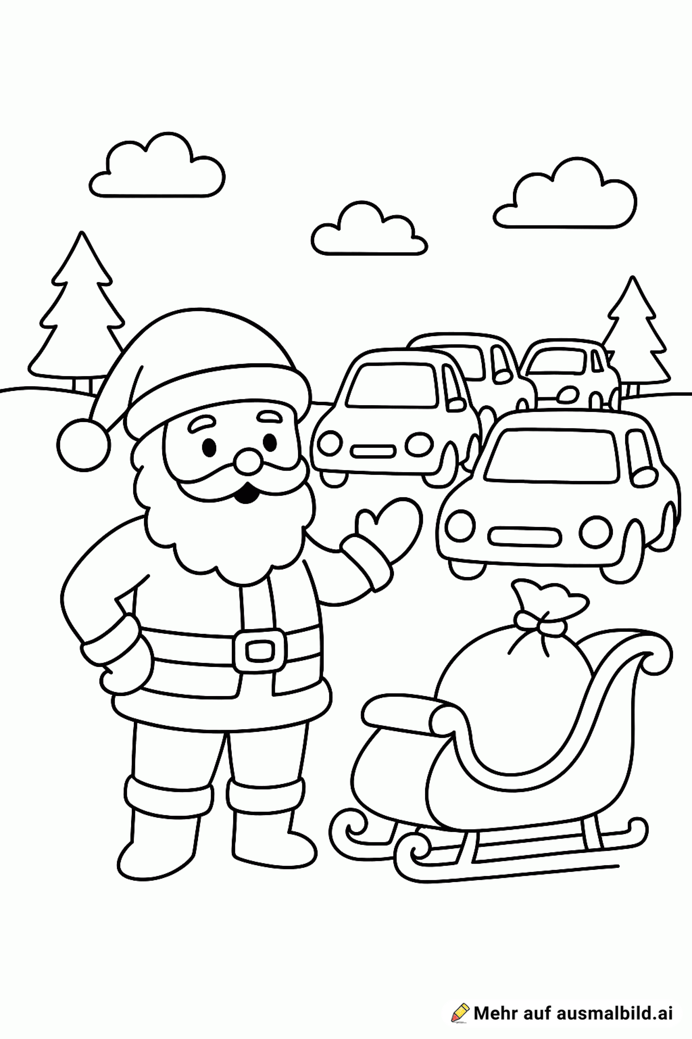 Der Weihnachtsmann steht mit seinem Schlitten im Stau.