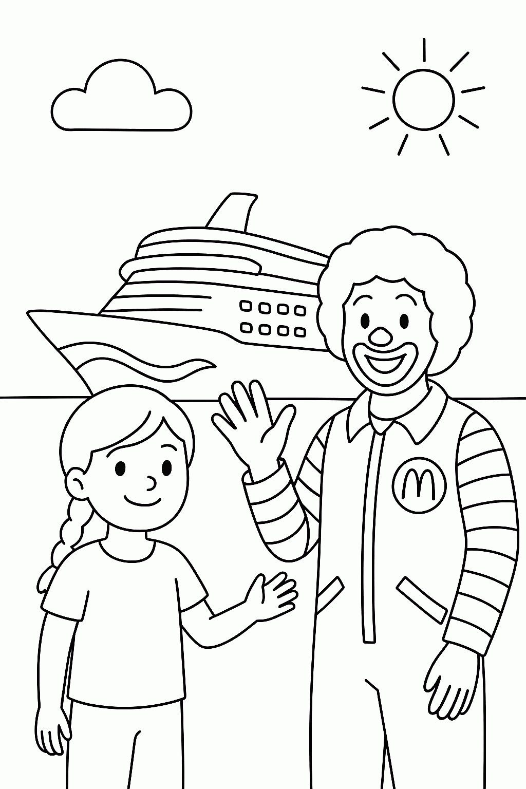 Kostenlose Malvorlage Nele auf der AIDA mit Ronald McDonald