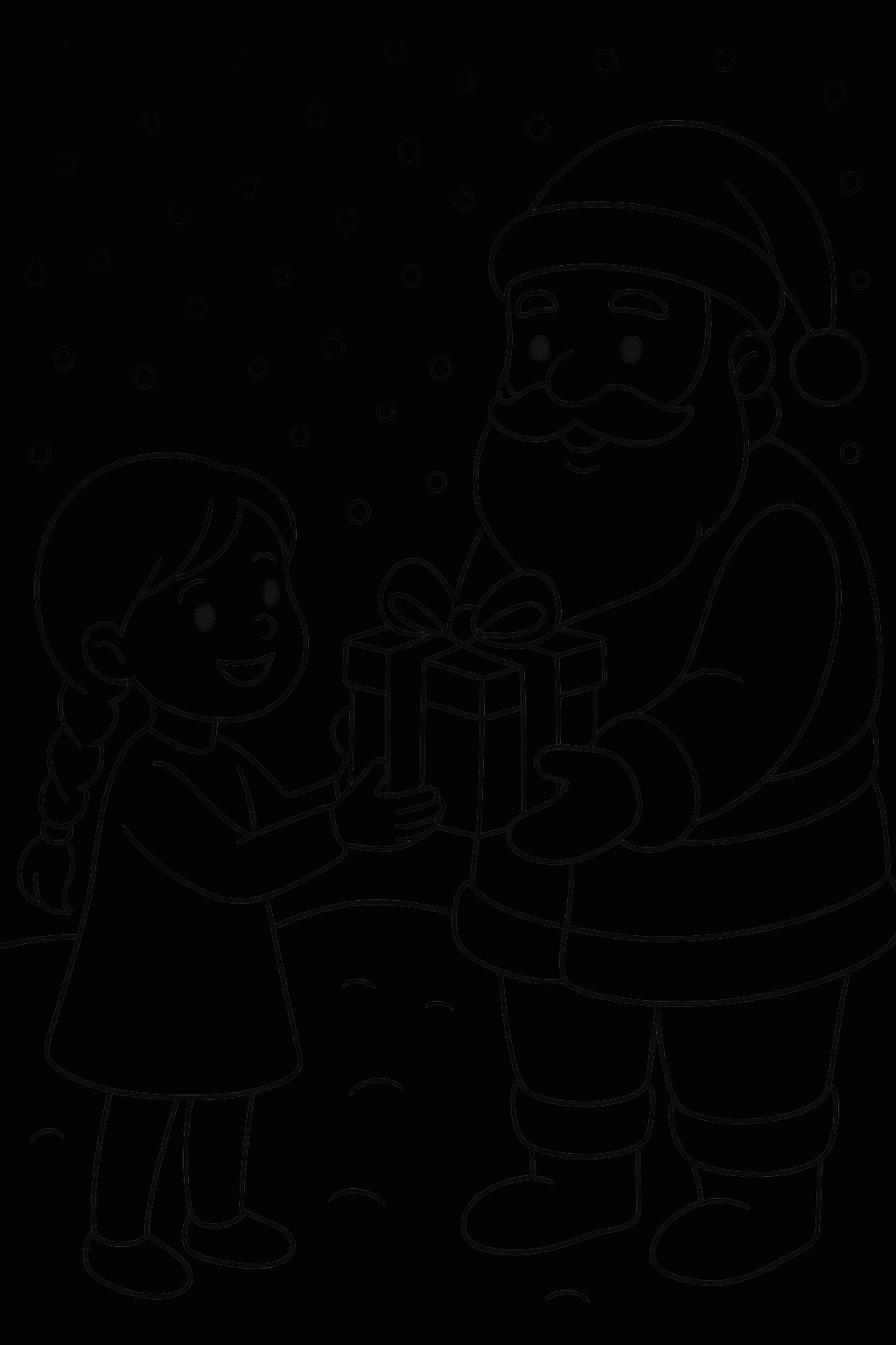 Weihnachts-Malvorlage für Kinder: Mädchen mit Geschenken